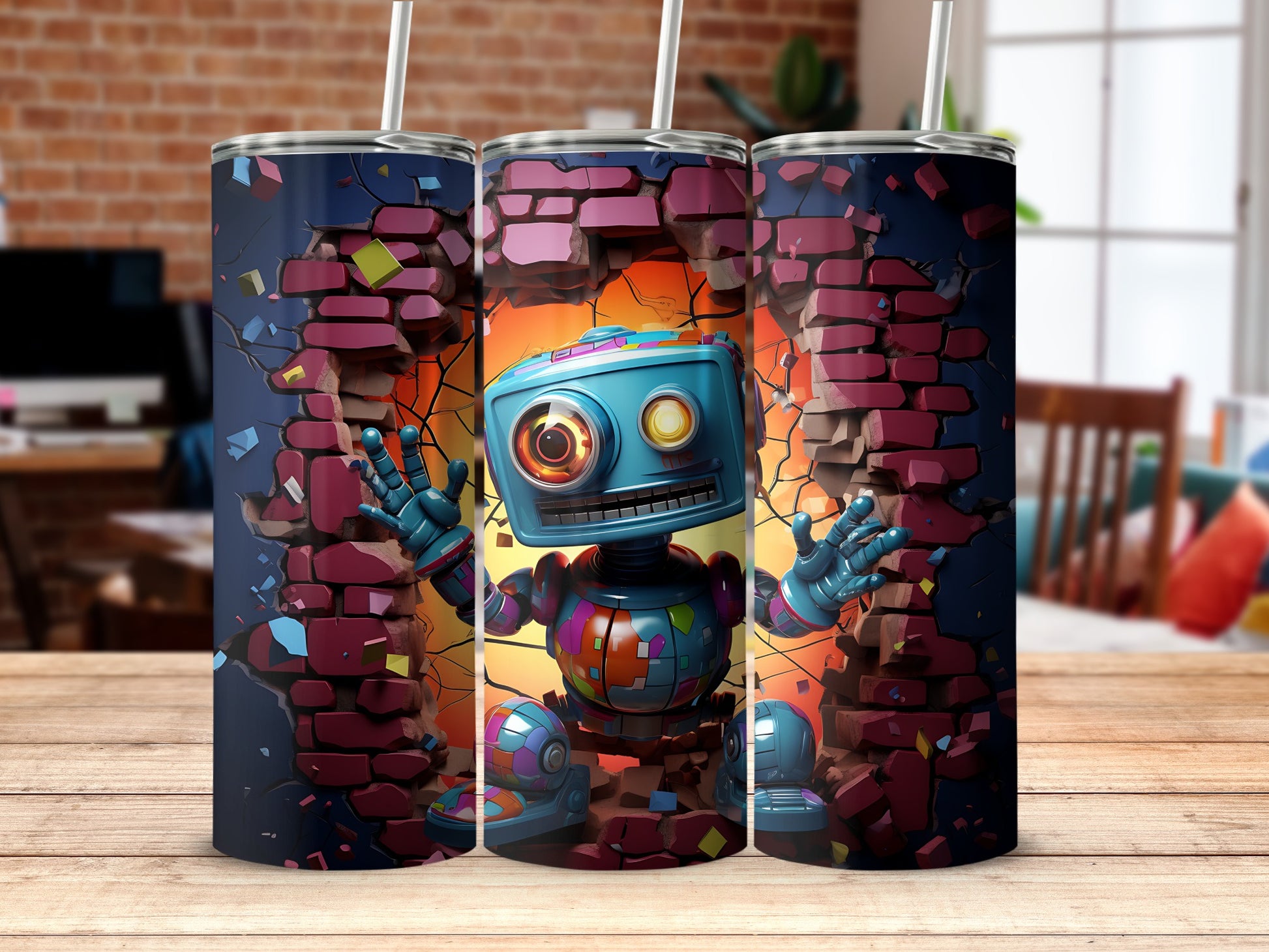 Colorful Robot Breaking Through Brick Wall Tumbler