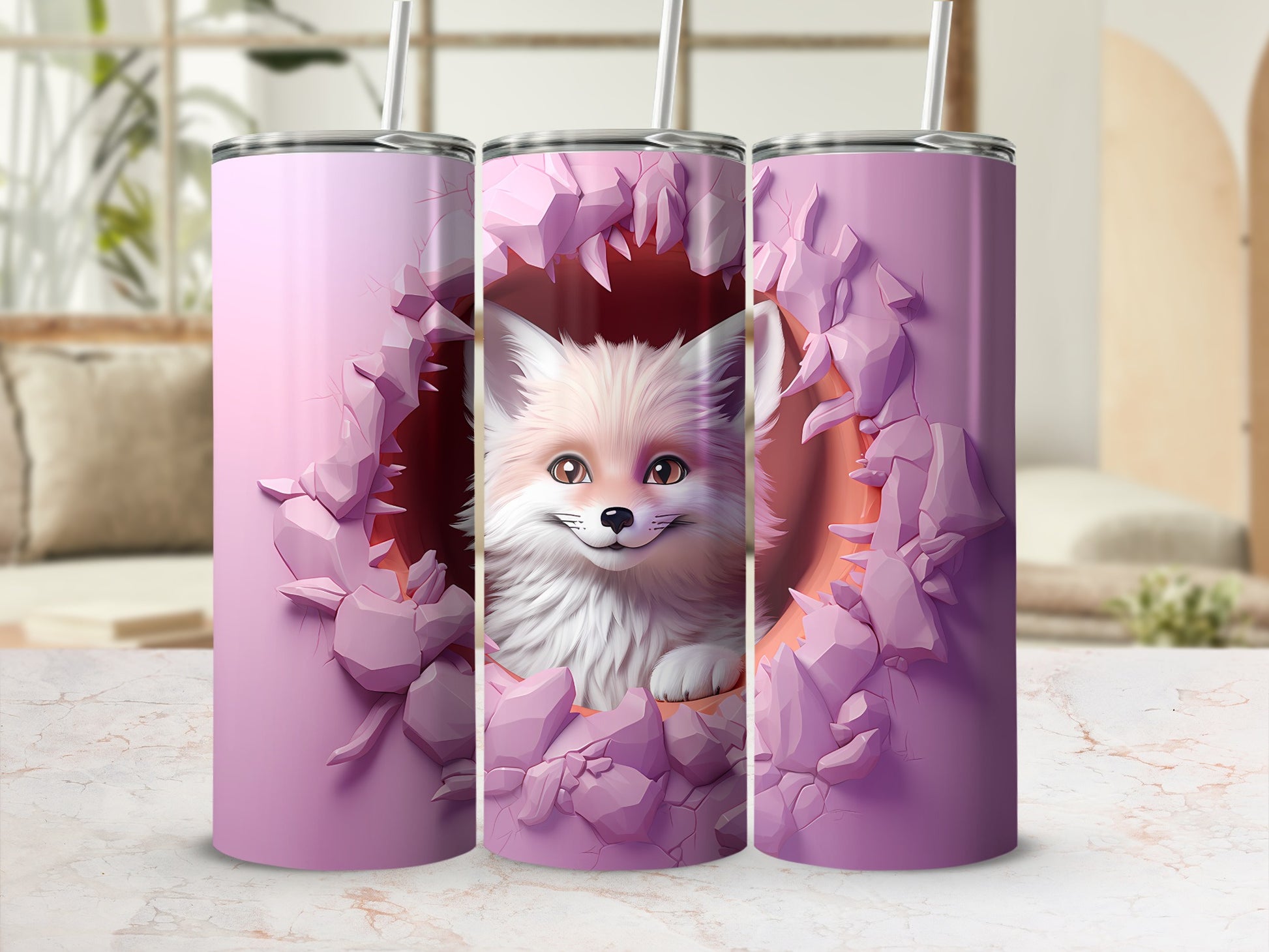 Cute Fox Design Cracked Pink Background Tumbler