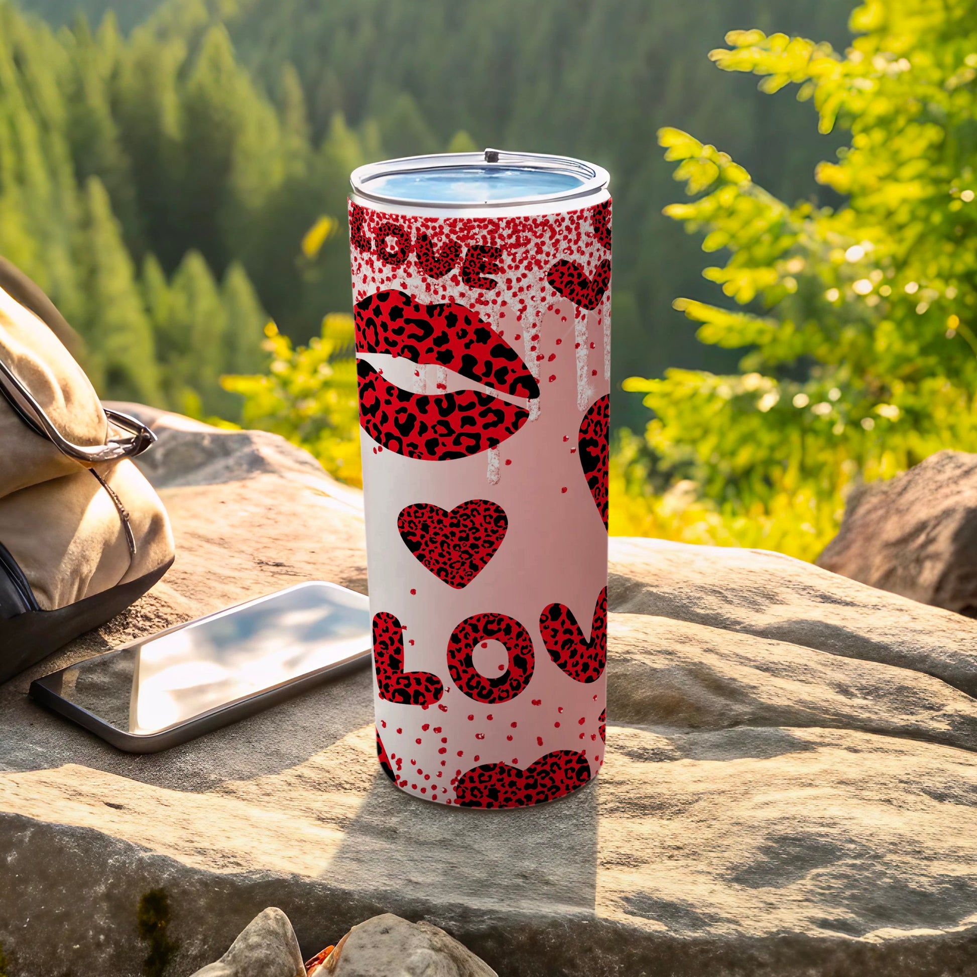 Love and Red Leopard Print Travel Tumbler Product