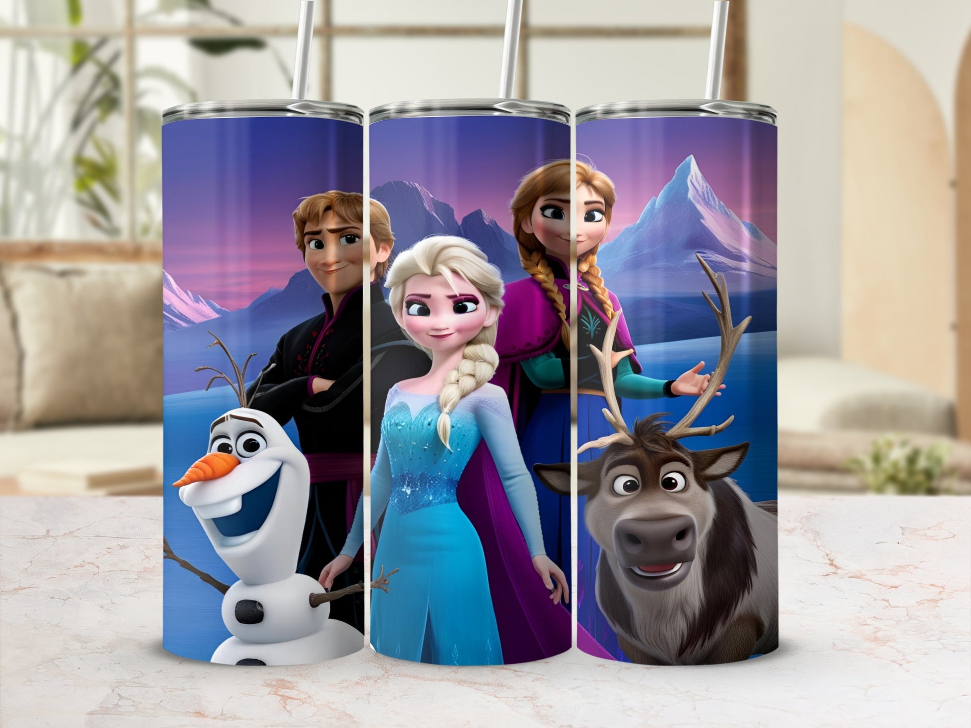 Frozen characters Elsa, Anna, Kristoff, Olaf, and Sven on a blue tumbler.