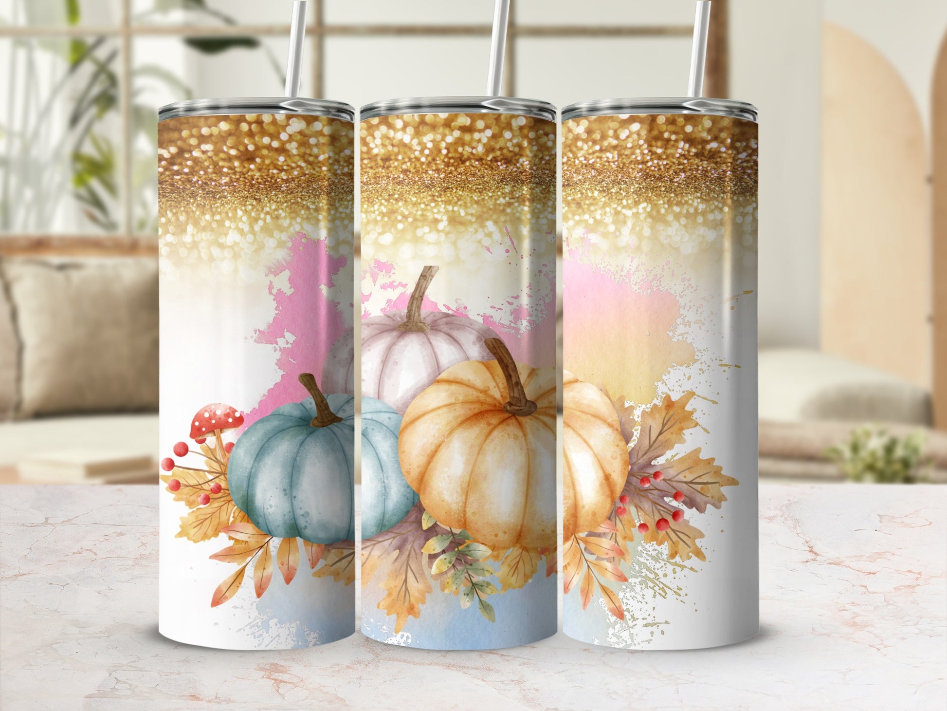 Glittery Fall Theme Pumpkins and Leaves Tumbler