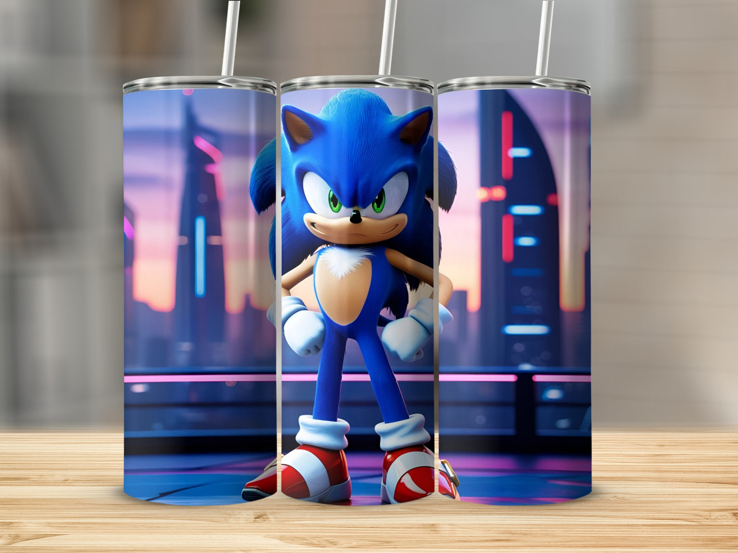 Sonic the Hedgehog character design on a tumbler with city background.