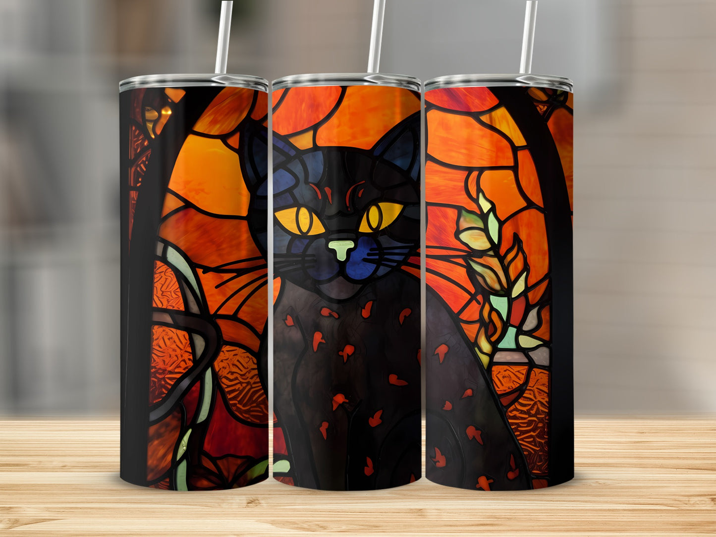 Black cat with yellow eyes on stained glass background.