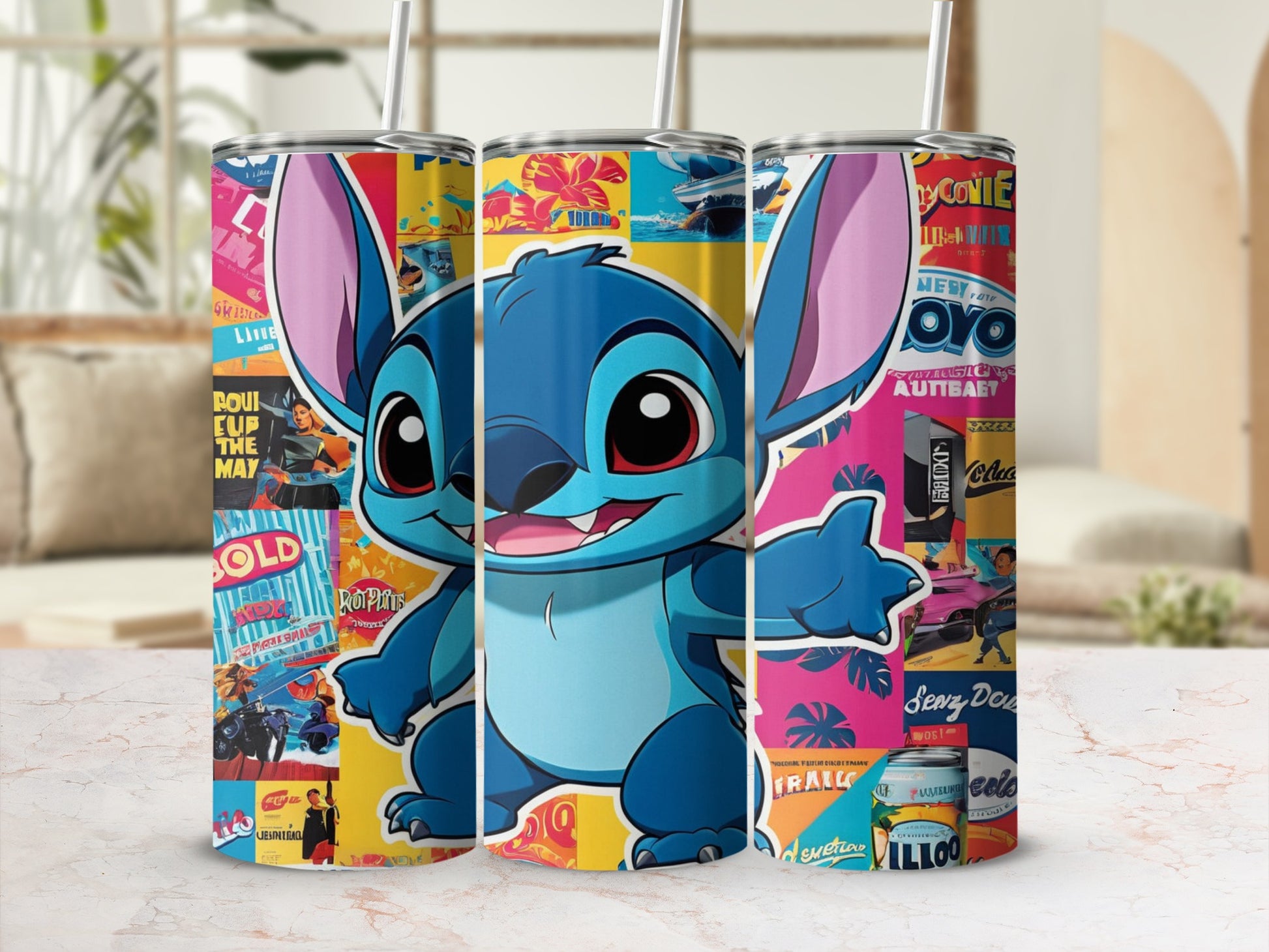 Three tumblers featuring Stitch and colorful comic book-style graphics.