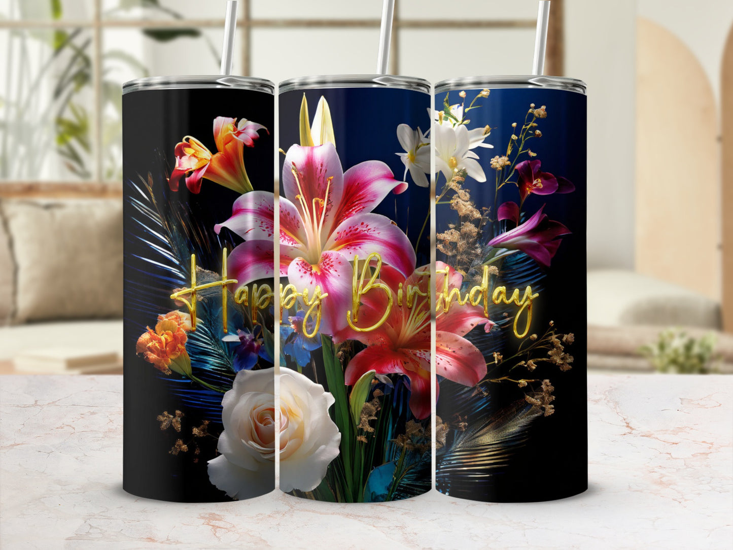 Three tumblers with floral designs and "Happy Birthday" text.