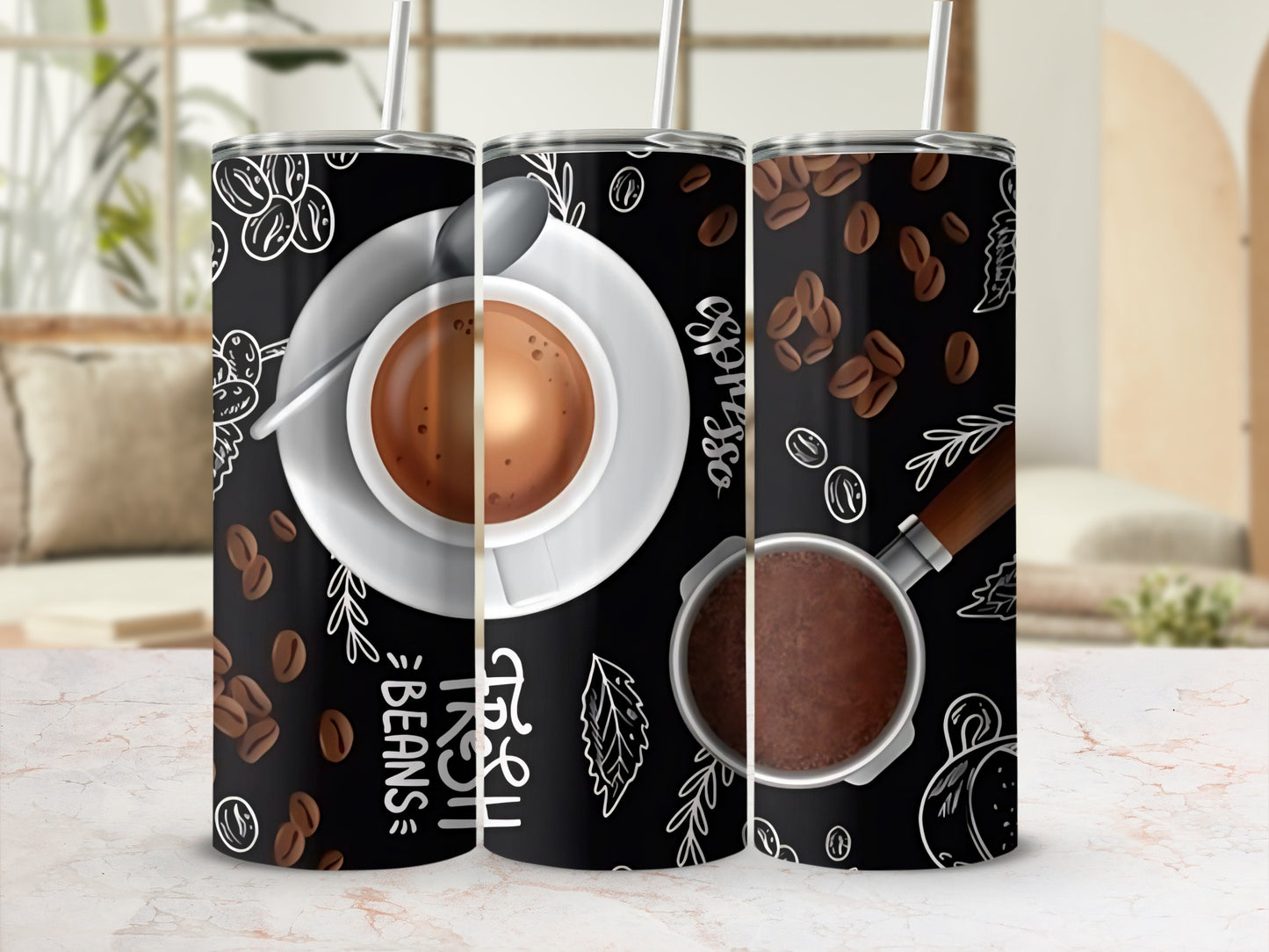 Coffee Theme Tumbler with Fresh Beans and Espresso Design