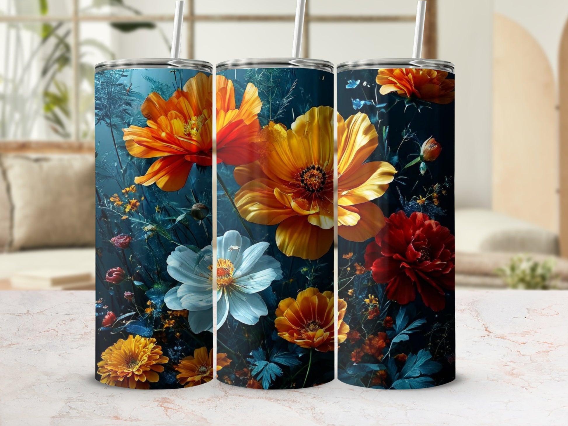 Three tumblers with a dark floral design of orange, yellow, white, and red flowers.