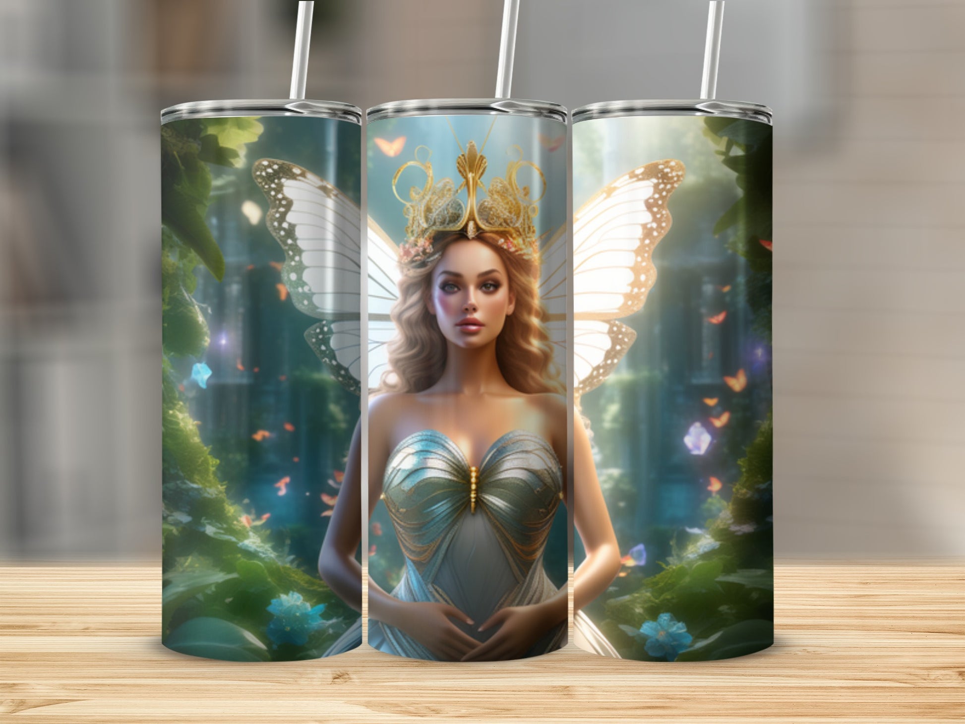 Triptych of tumblers featuring a queenly fairy with butterfly wings and a crown.