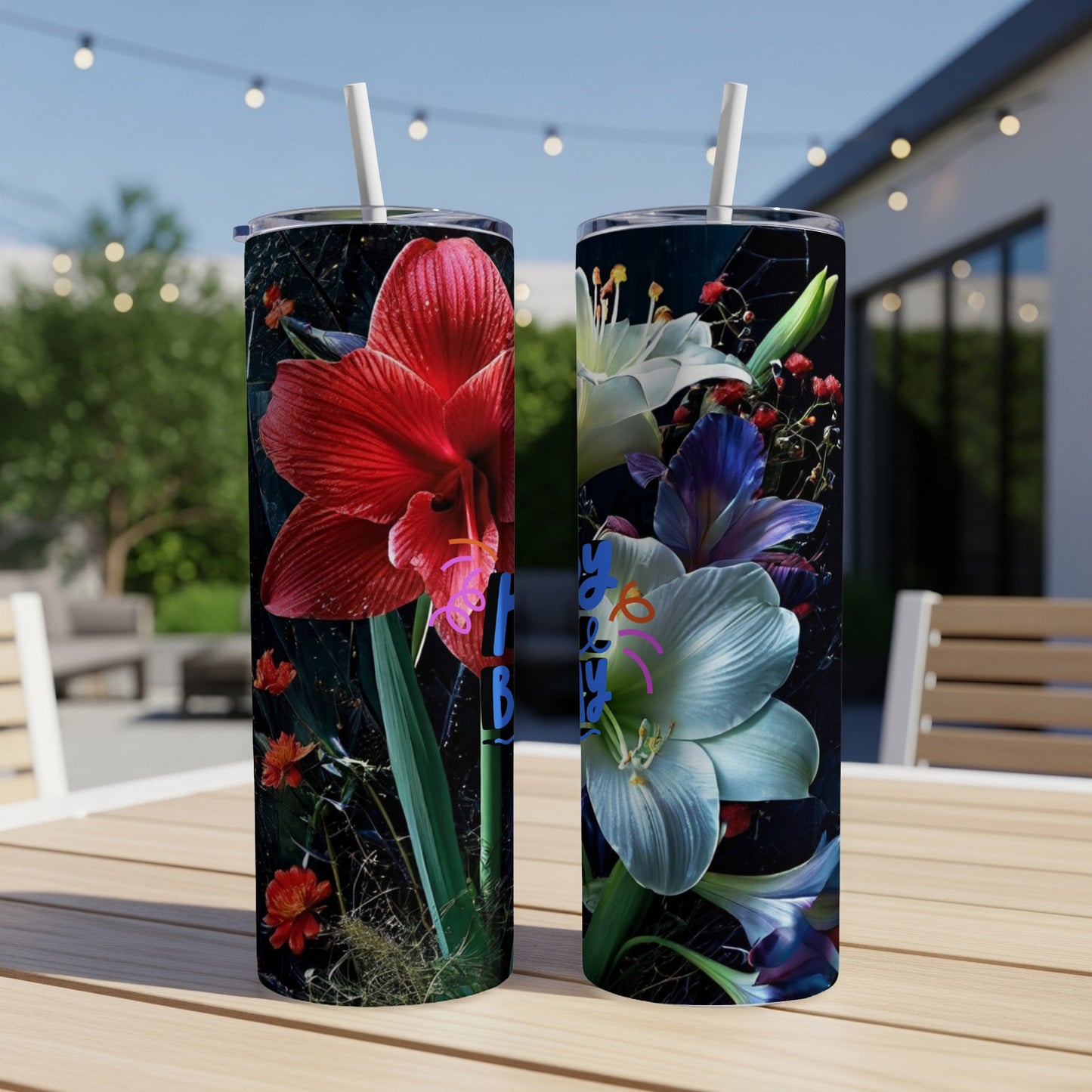 Two tumblers with floral designs and "Happy Birthday" text.