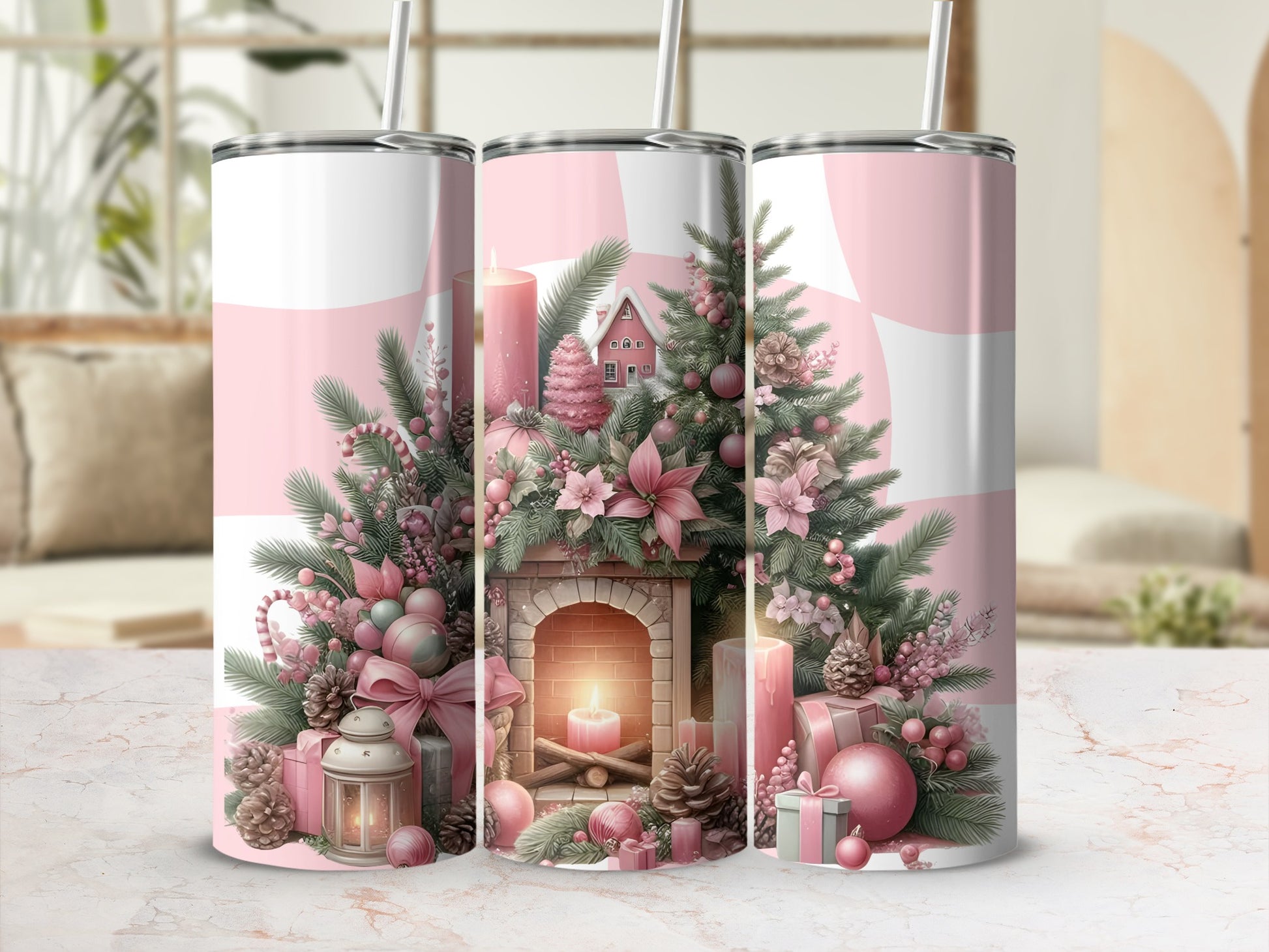 Festive Holiday Tumbler with Christmas Decorations