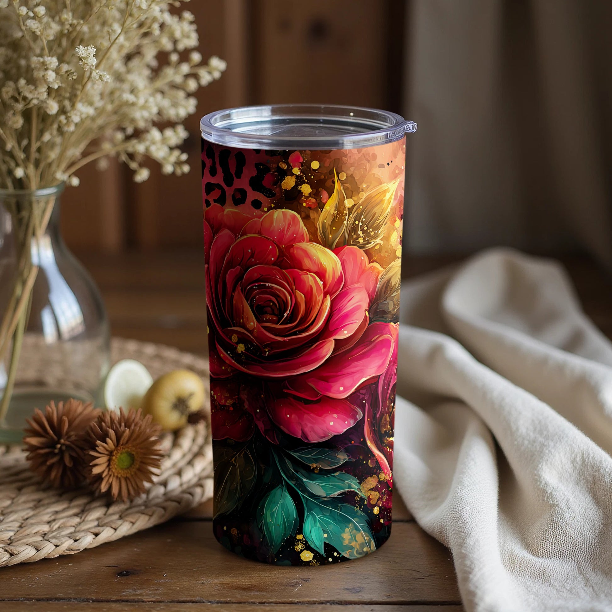 Vivid Rose and Floral Artwork Travel Mug Product