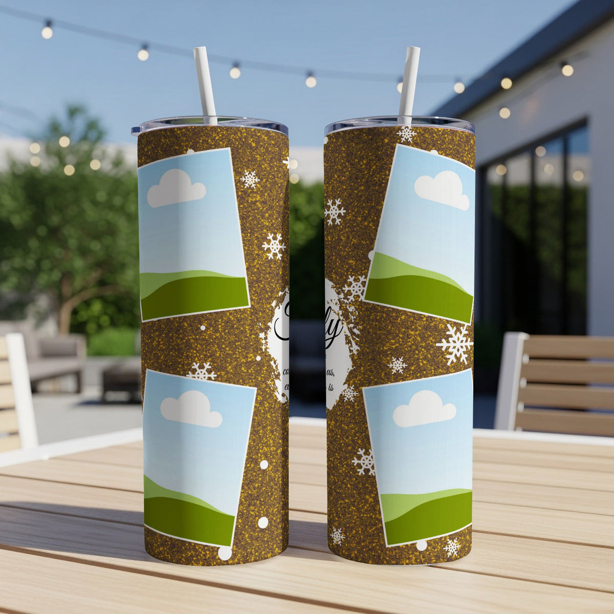 Two tumblers with golden glitter, snowflake, and photo frame designs.