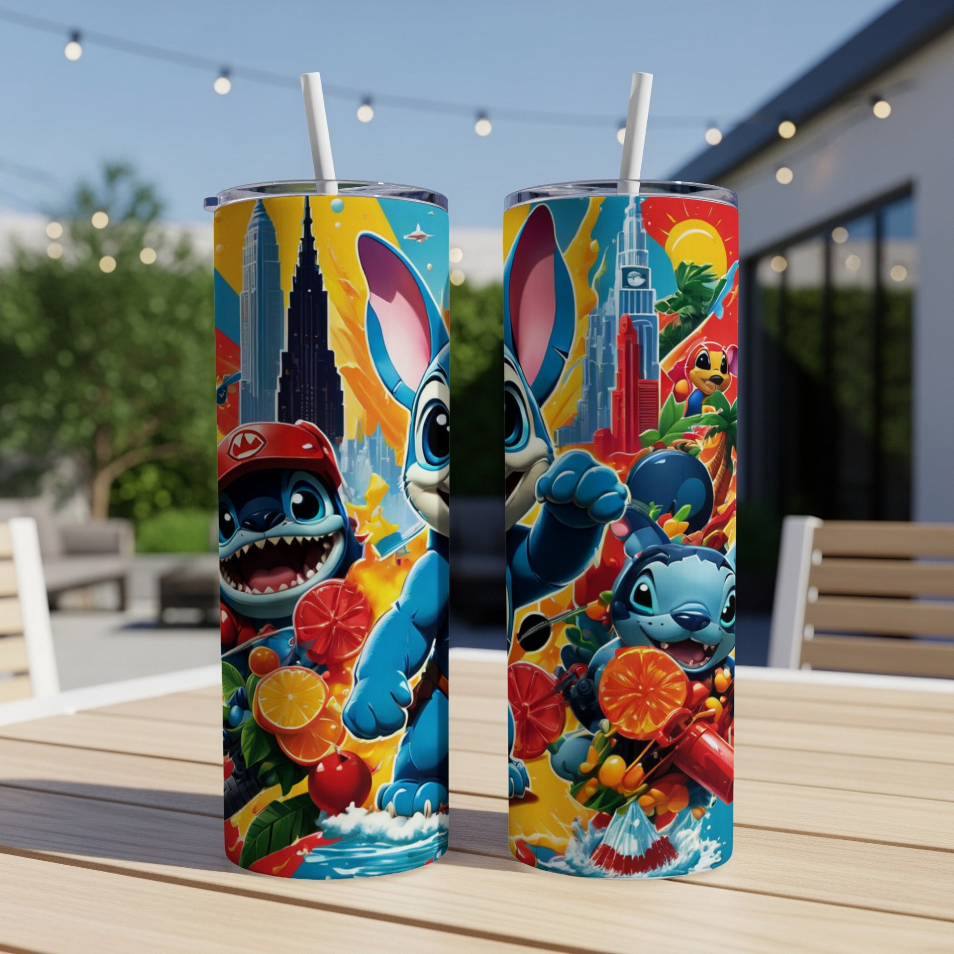 Two colorful tumblers featuring Stitch characters with fruit and city backgrounds.