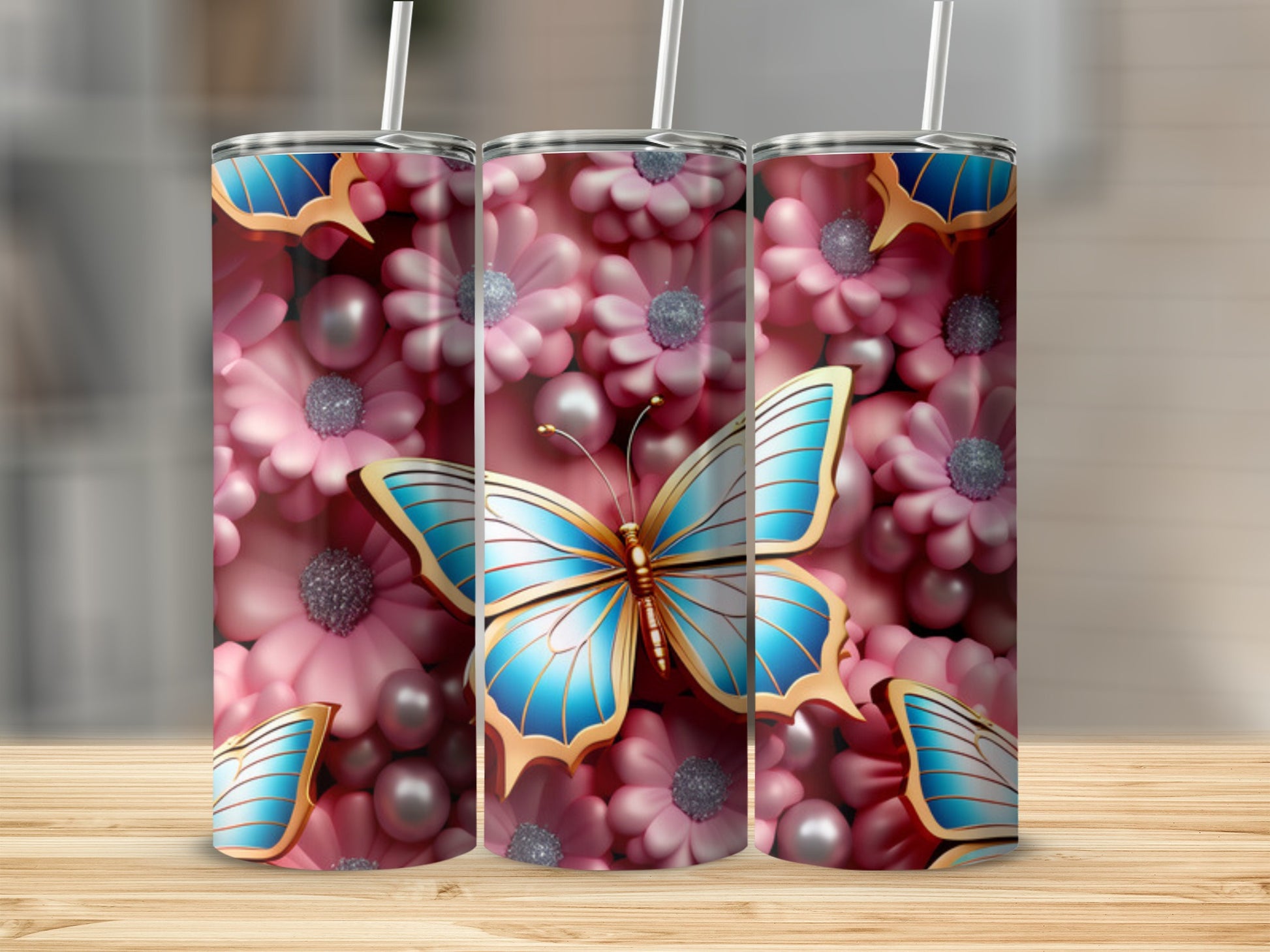 3D tumbler with blue butterfly and pink floral design.