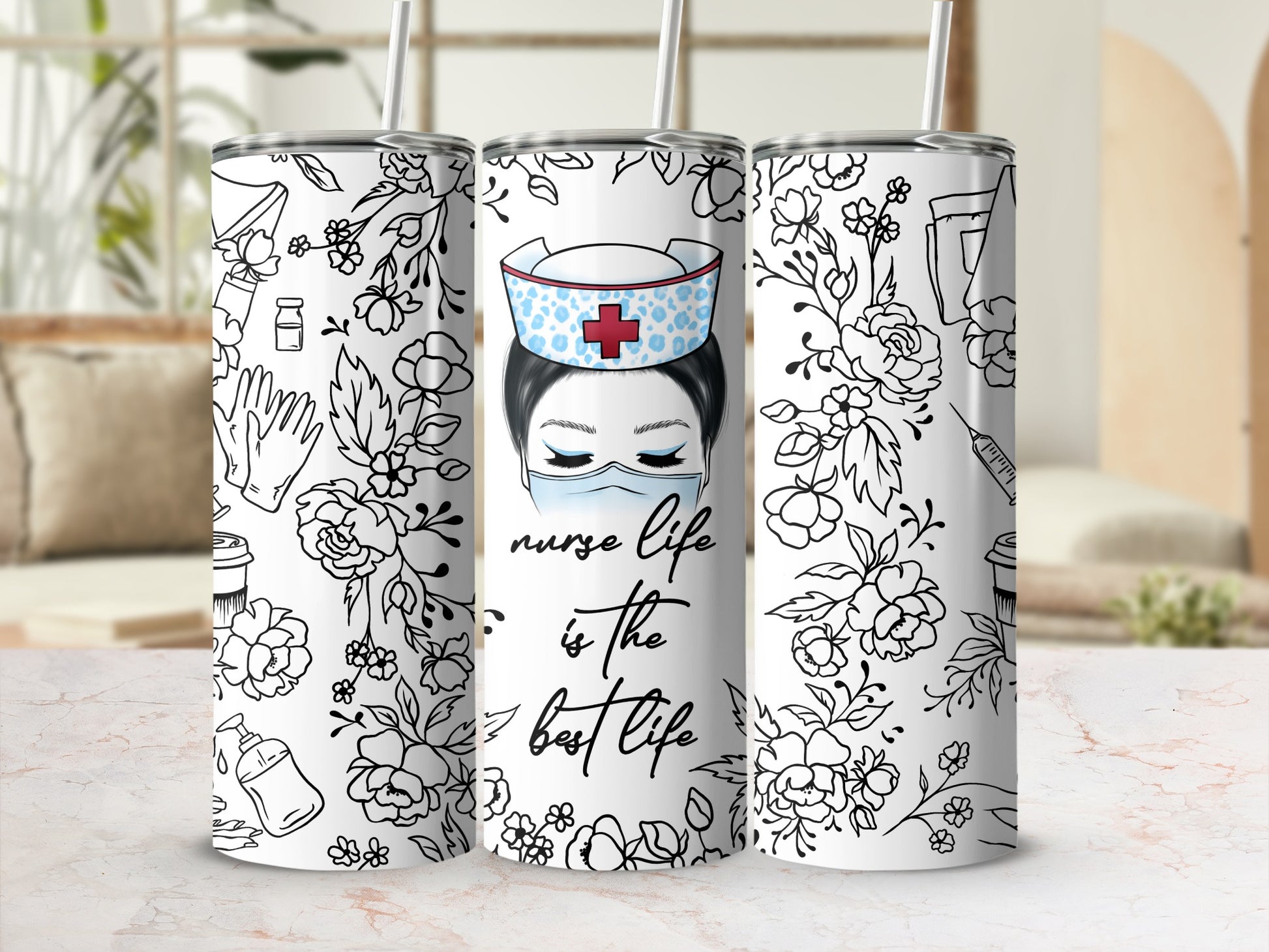 Nurse life is the best life quote on a floral tumbler.