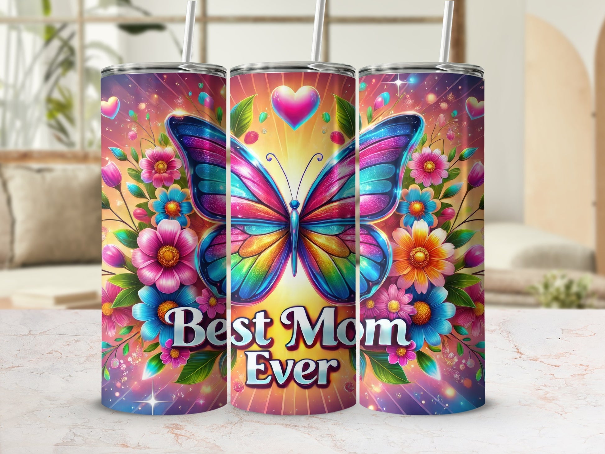 Colorful Best Mom Ever Butterfly Floral Tumbler