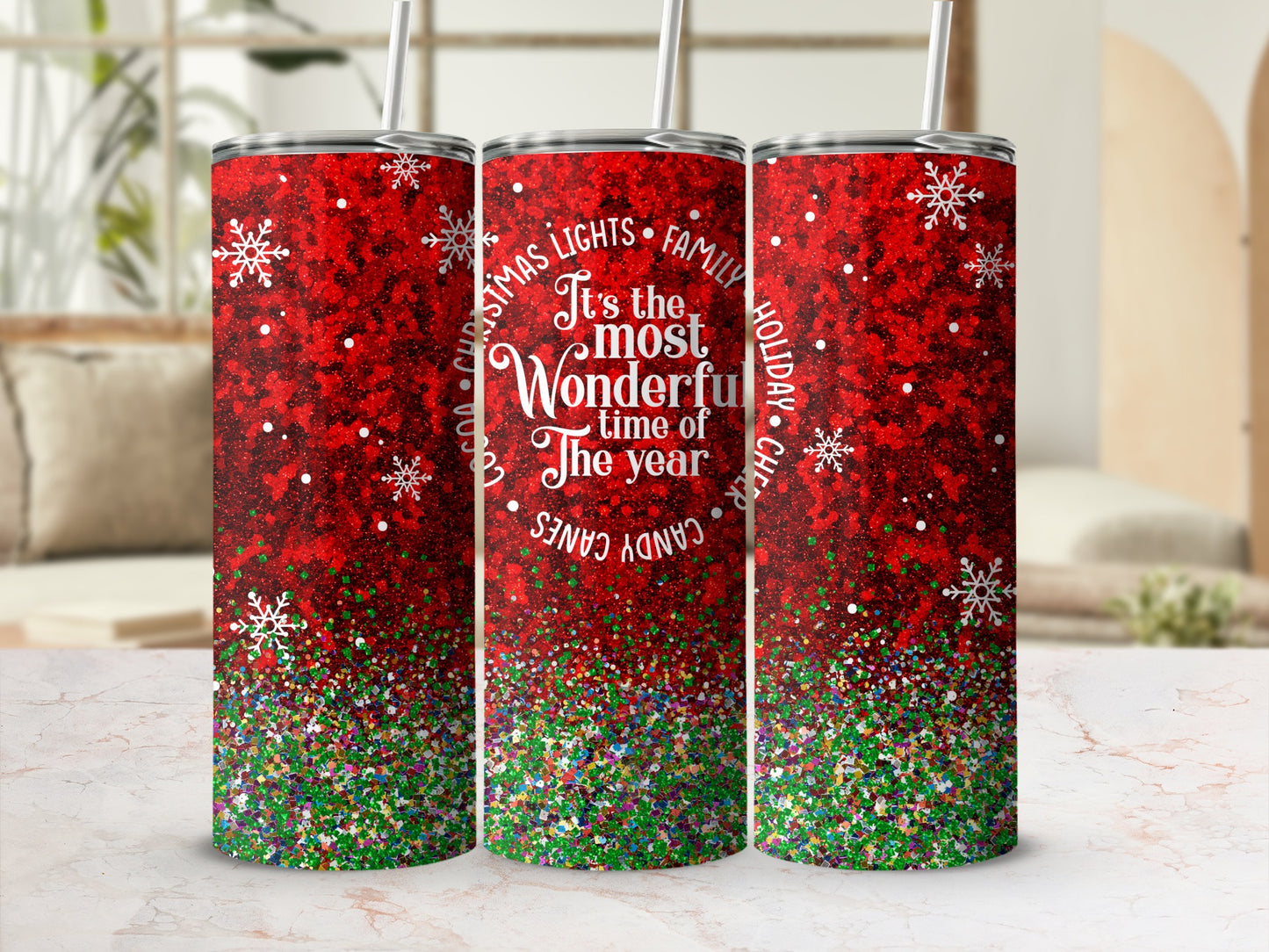 Red glitter tumbler with white snowflakes and "It's the most wonderful time of the year" text.
