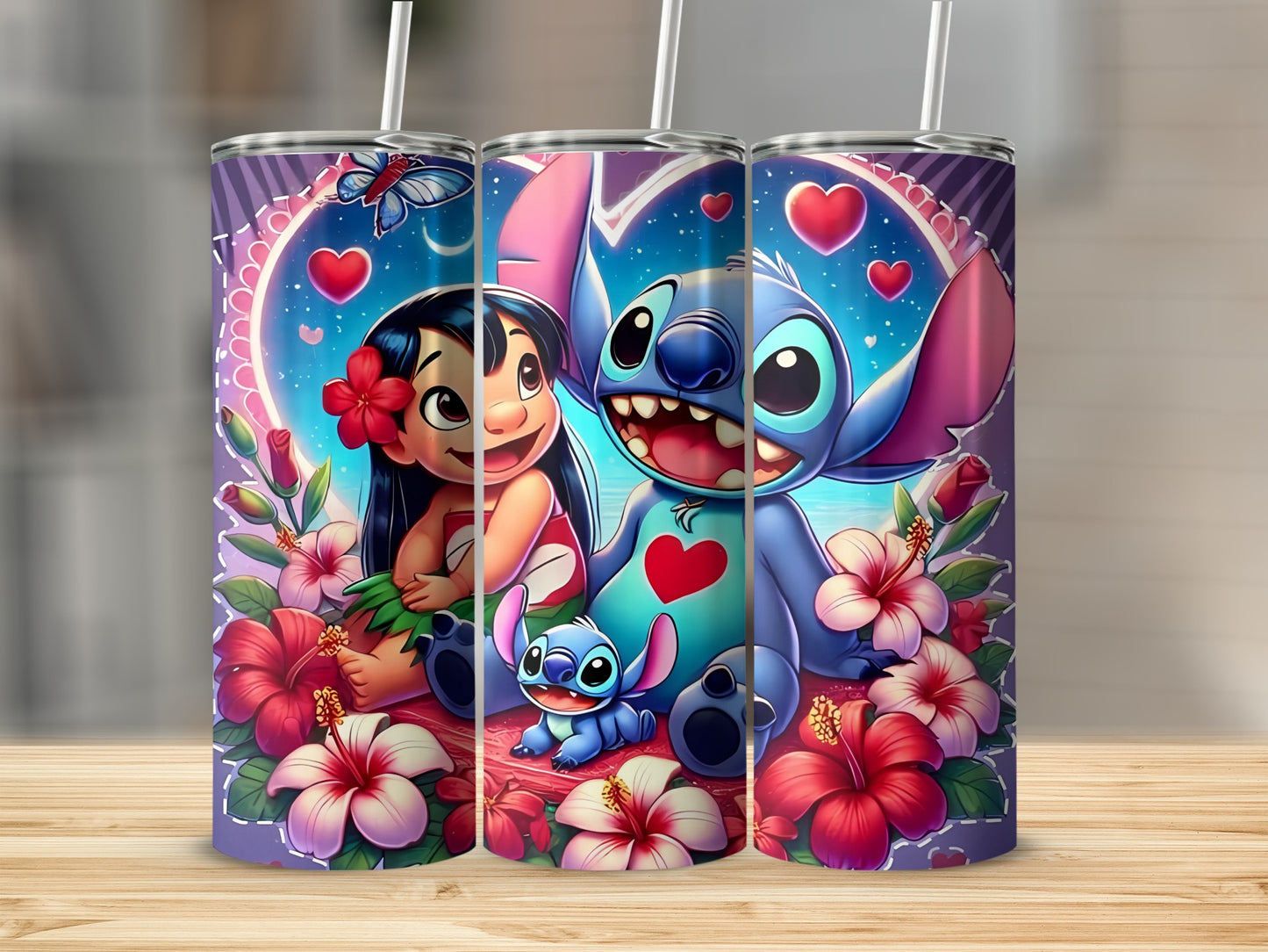 Cute Lilo and Stitch Floral Design Tumbler Cup