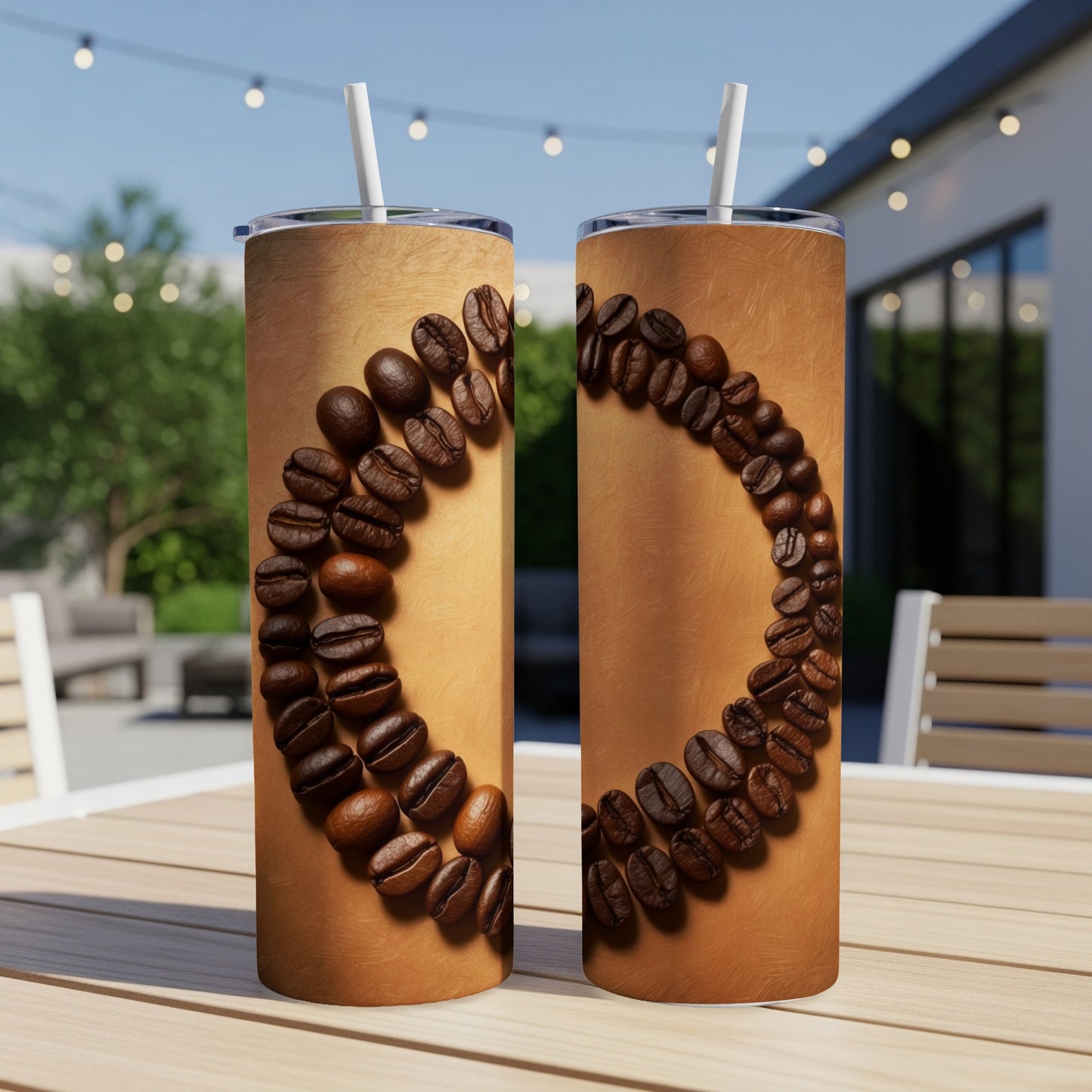 Two tumblers with coffee beans arranged in a circular design on a textured background.