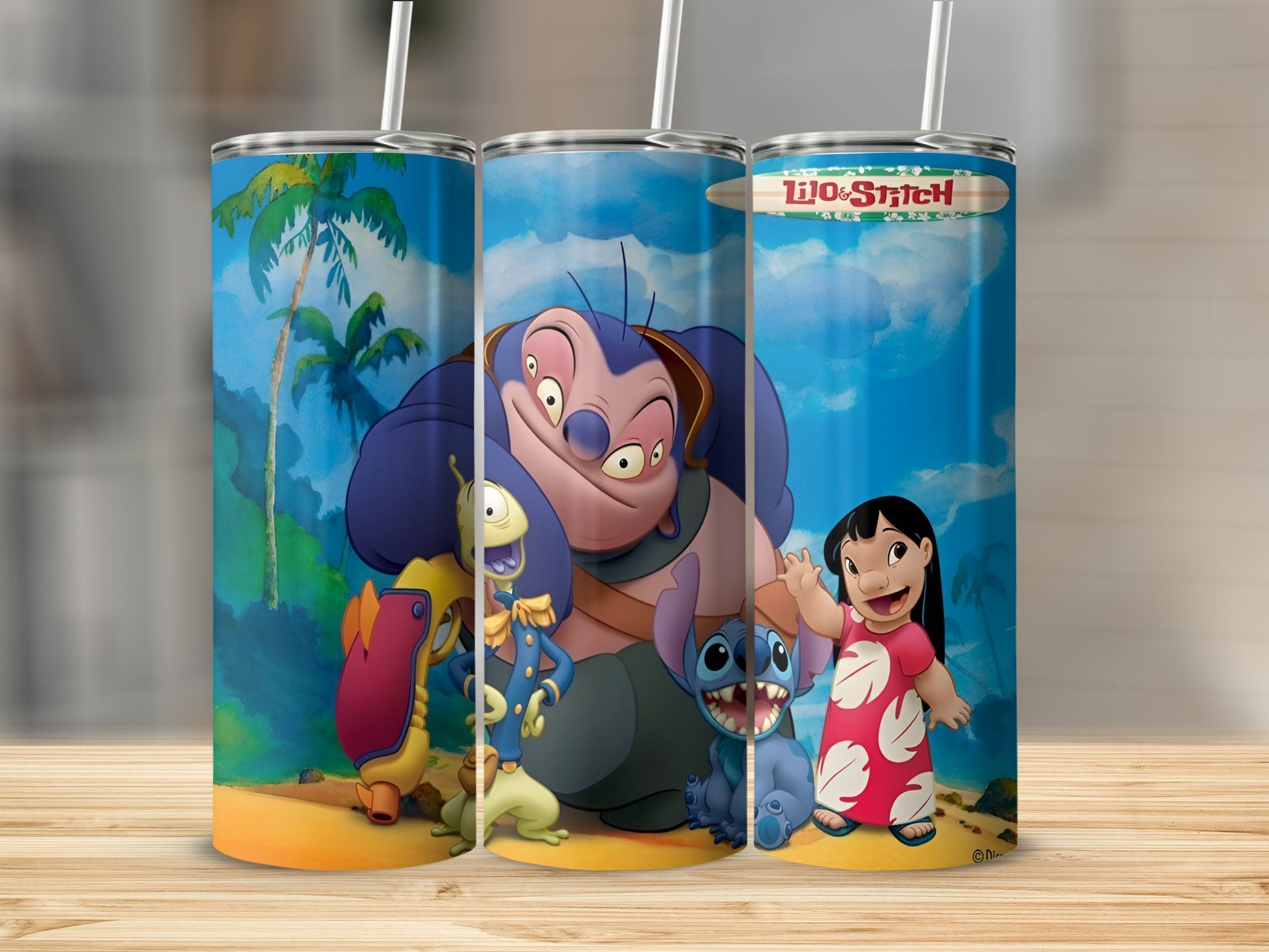 Three Lilo & Stitch tumblers with characters and blue sky background.