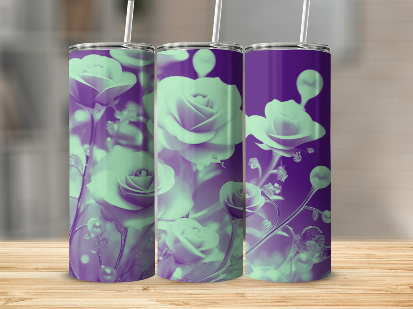 Three tall tumblers with a purple and green floral rose design.