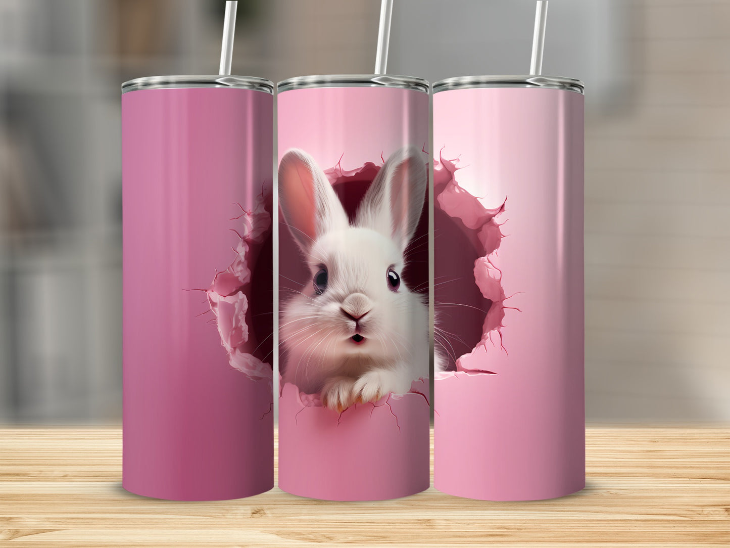 Cute Bunny Breaking Through Pink Background Tumbler