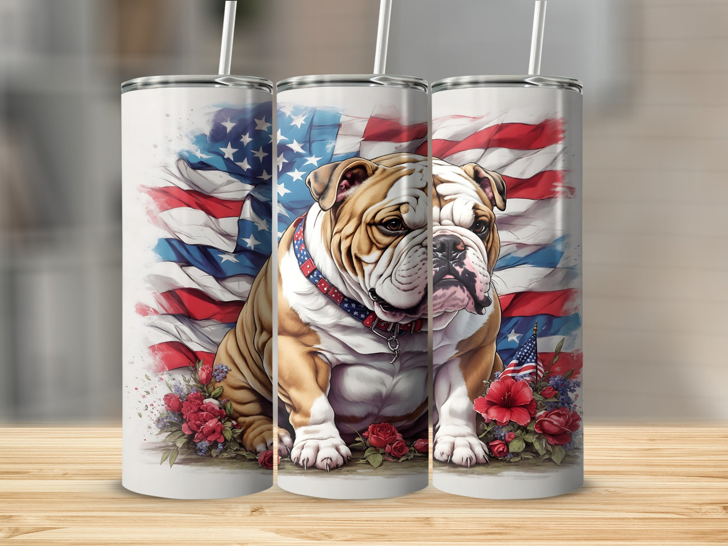 Bulldog wearing collar with US flag background and flowers.