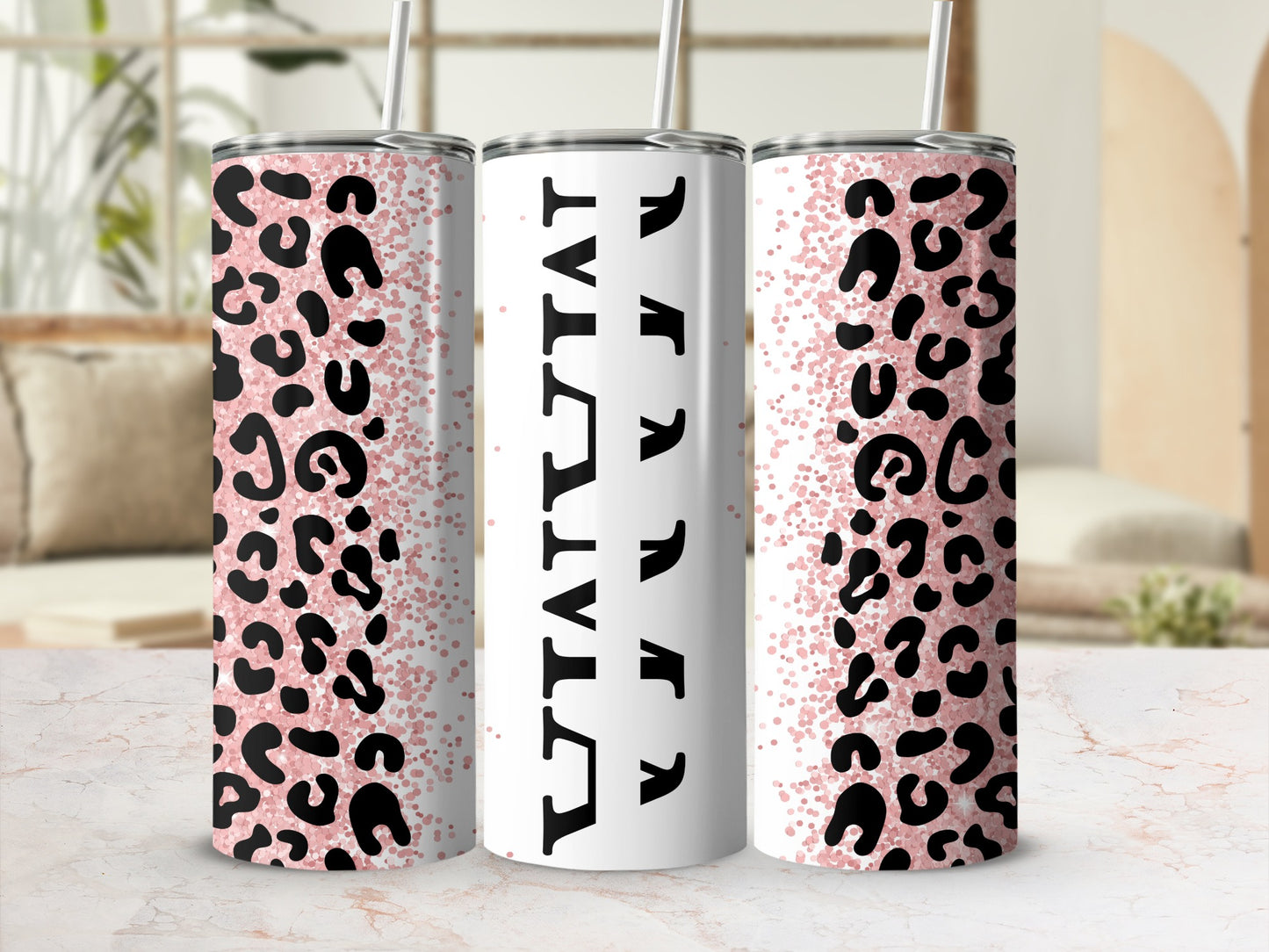 Leopard Print Tumbler with Pink Glitter Accents