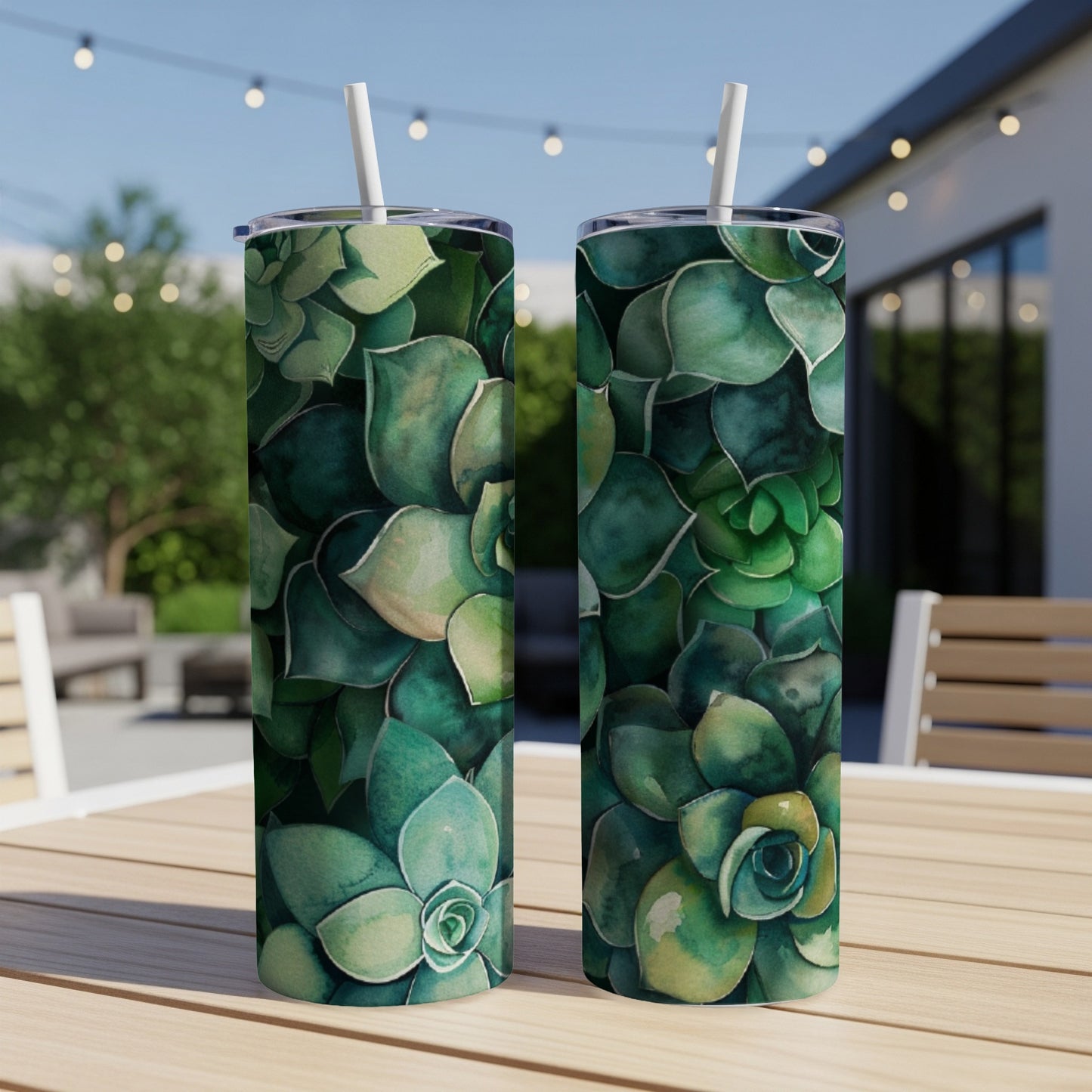 Two tumblers with a green watercolor succulent floral pattern.