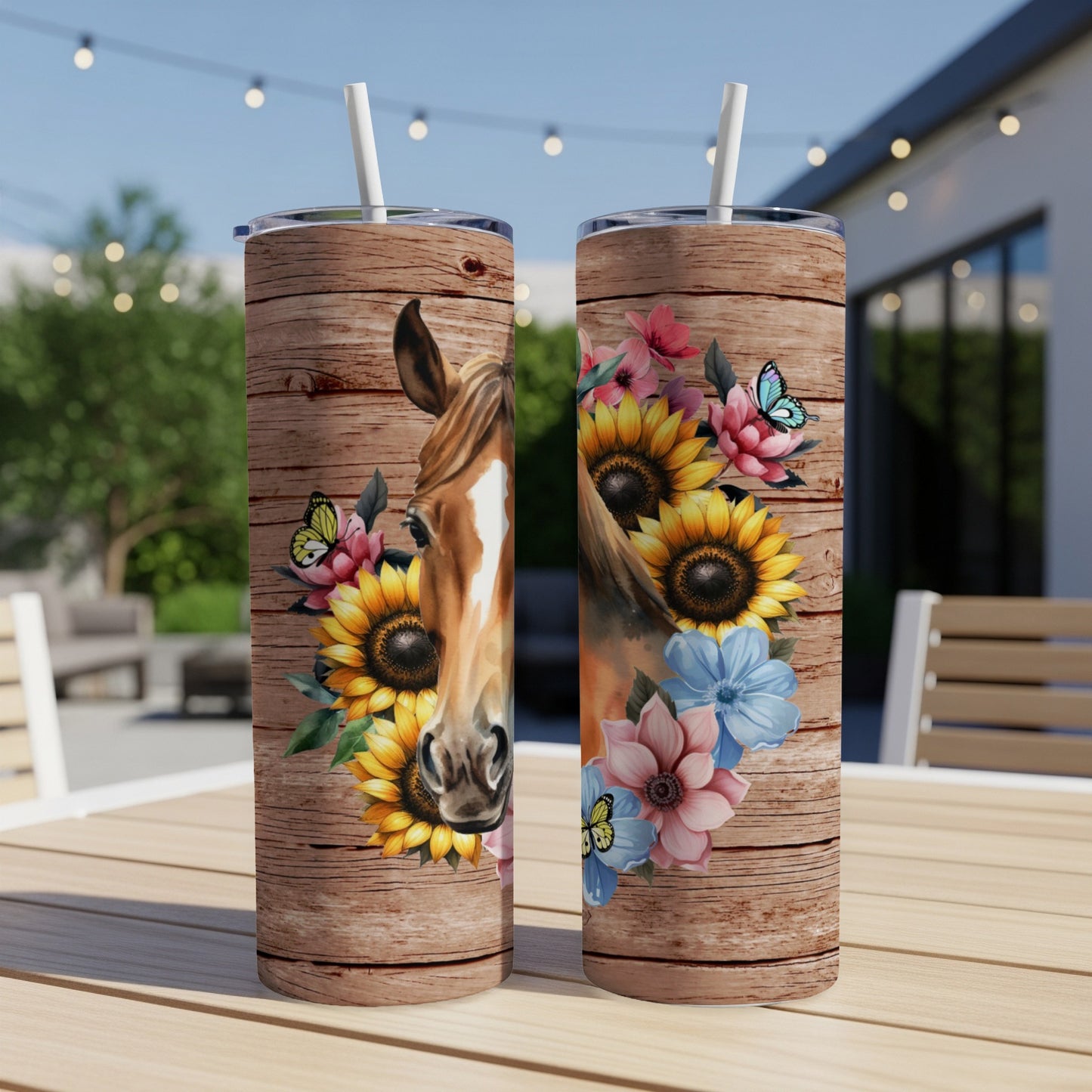 Horse and floral design on a wooden background, two tumblers.