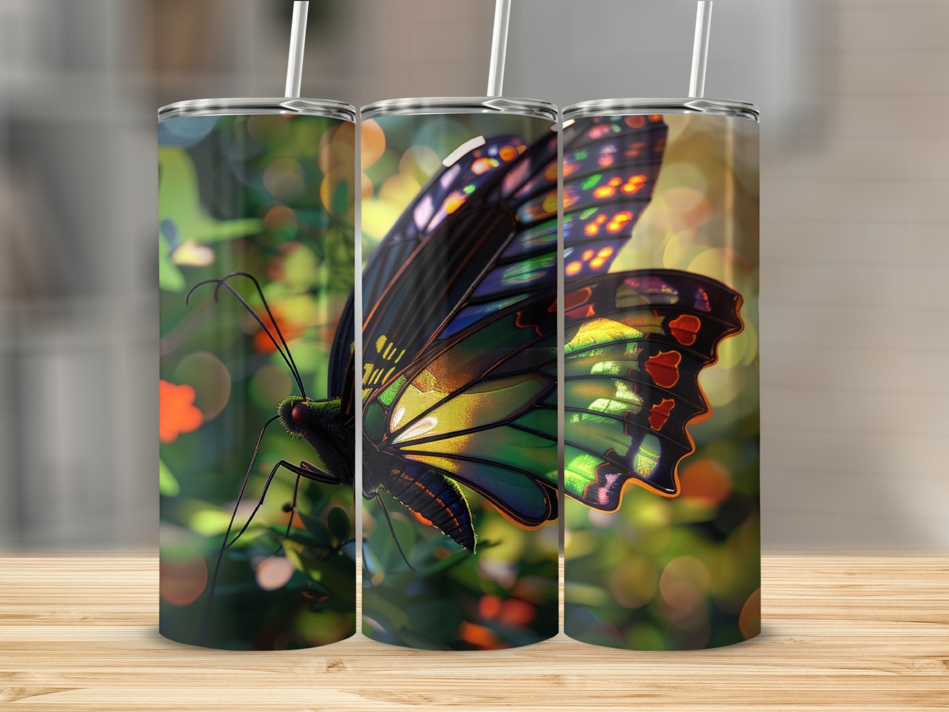 Three tumblers featuring a close-up of a colorful butterfly on a stem.