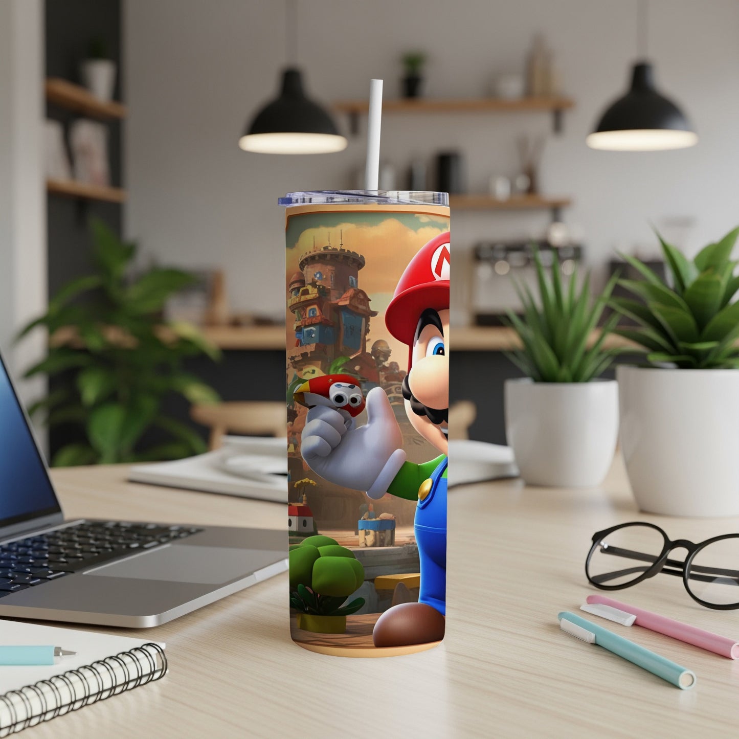 Mario holding a Mushroom Kingdom character on a colorful tumbler.