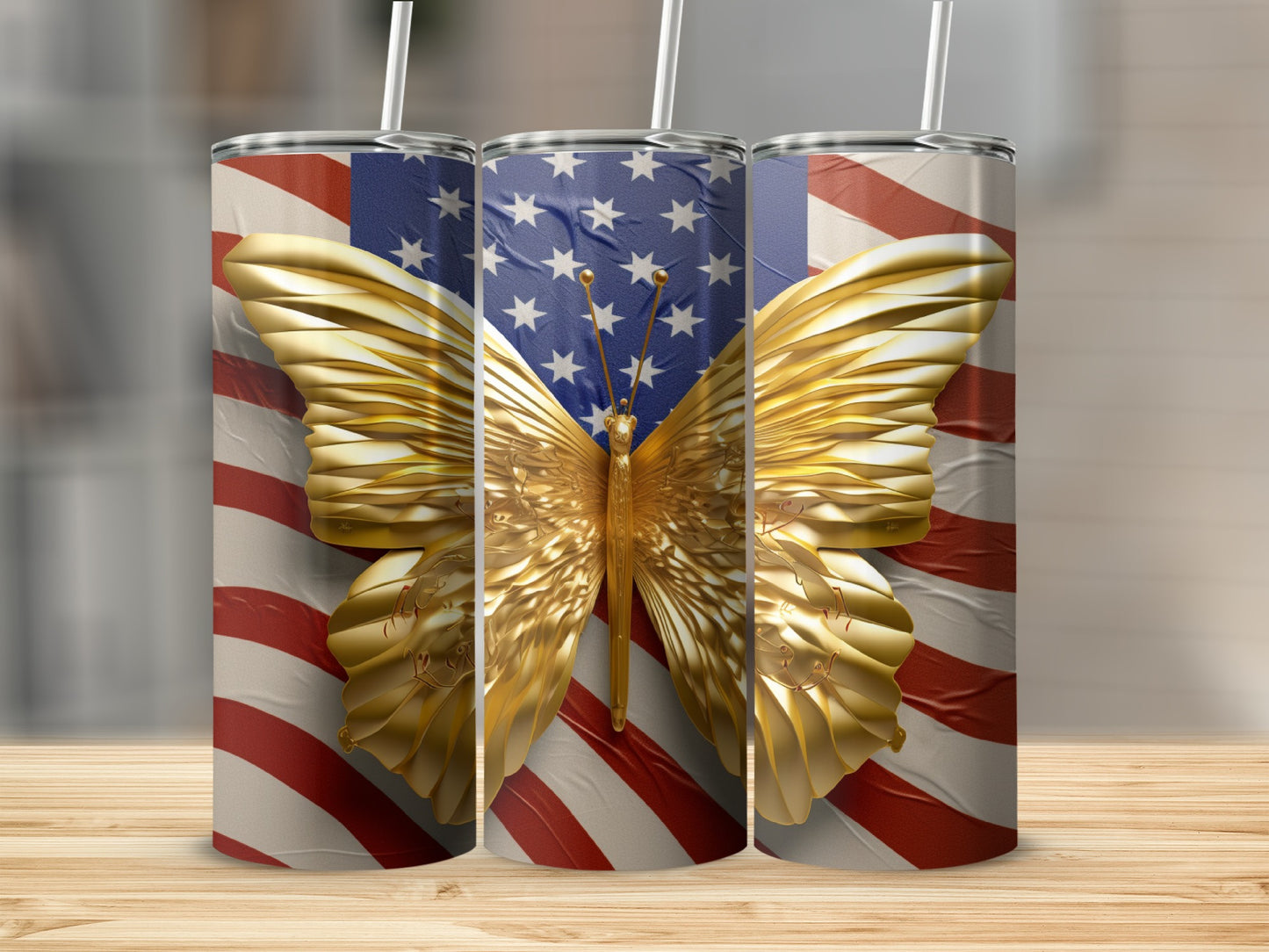 Golden butterfly on American flag pattern tumbler with white background.