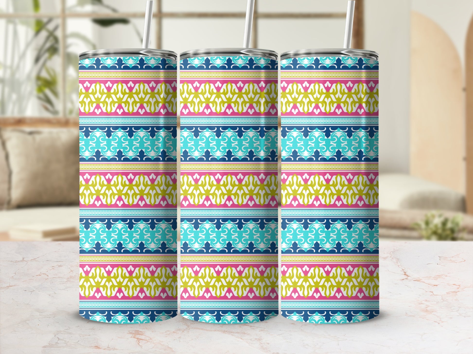 Colorful Striped Pattern Tumbler with Floral Design