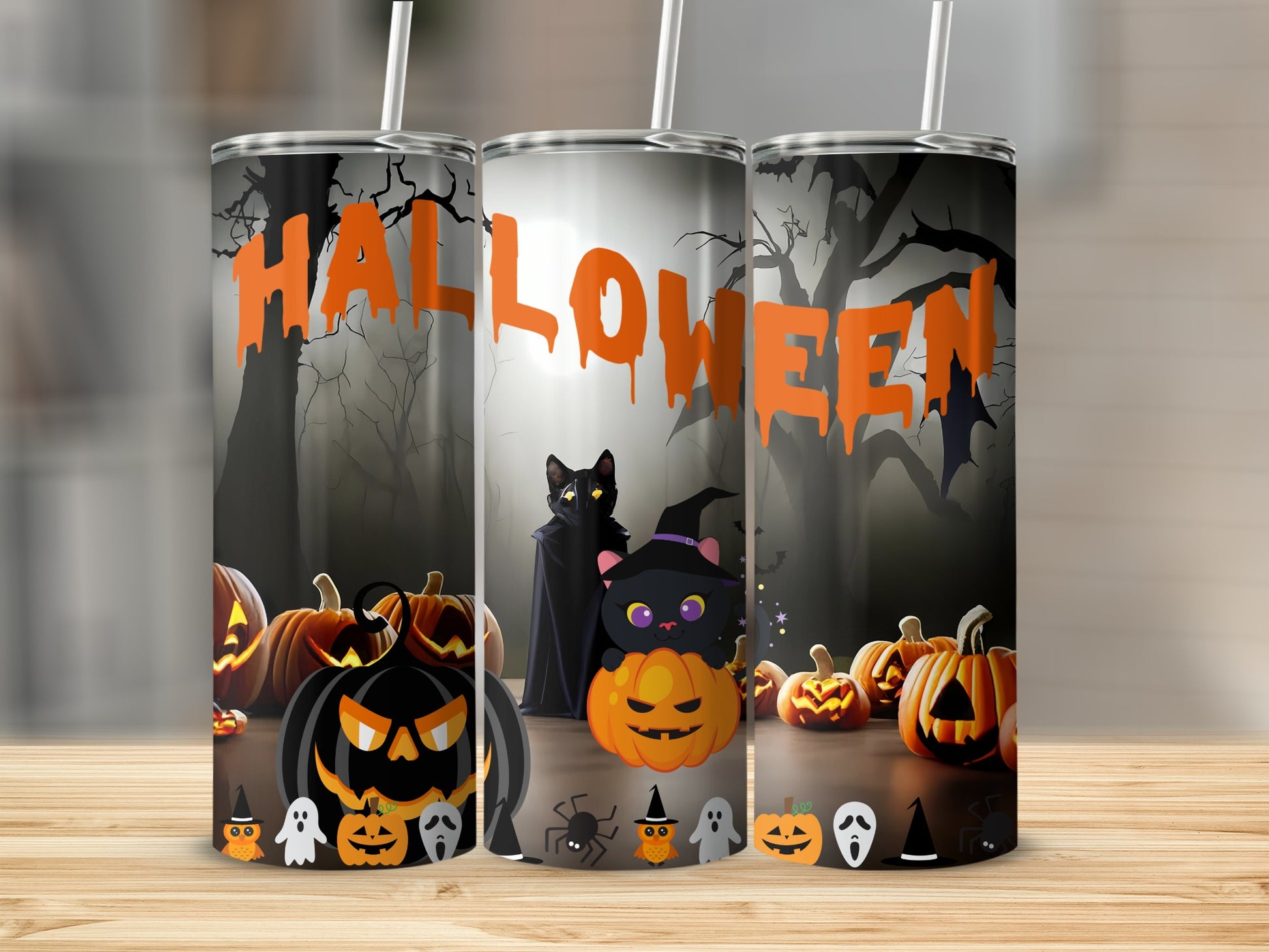 Halloween Spooky Cat Pumpkin Design Tumbler