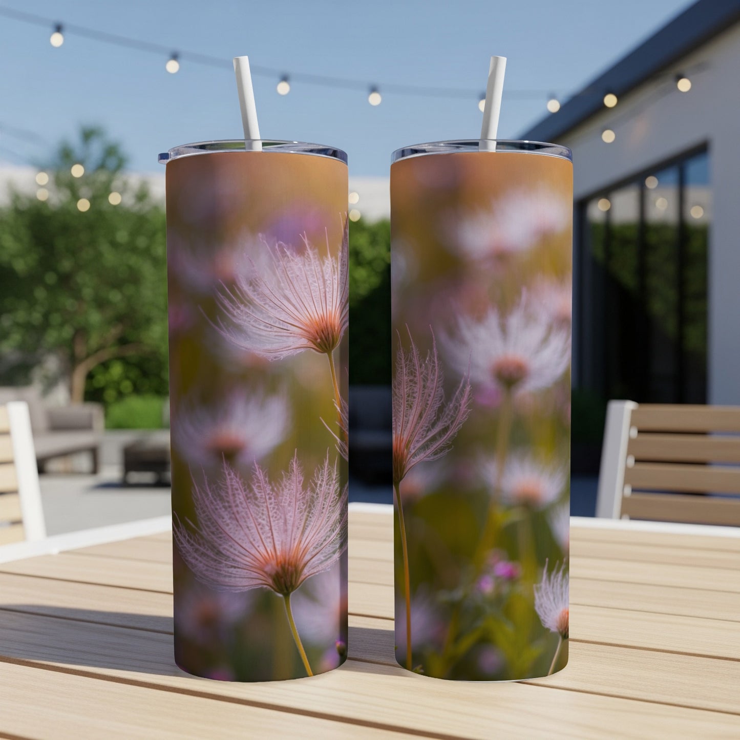 Two tumblers with a close-up dandelion seed head floral design.