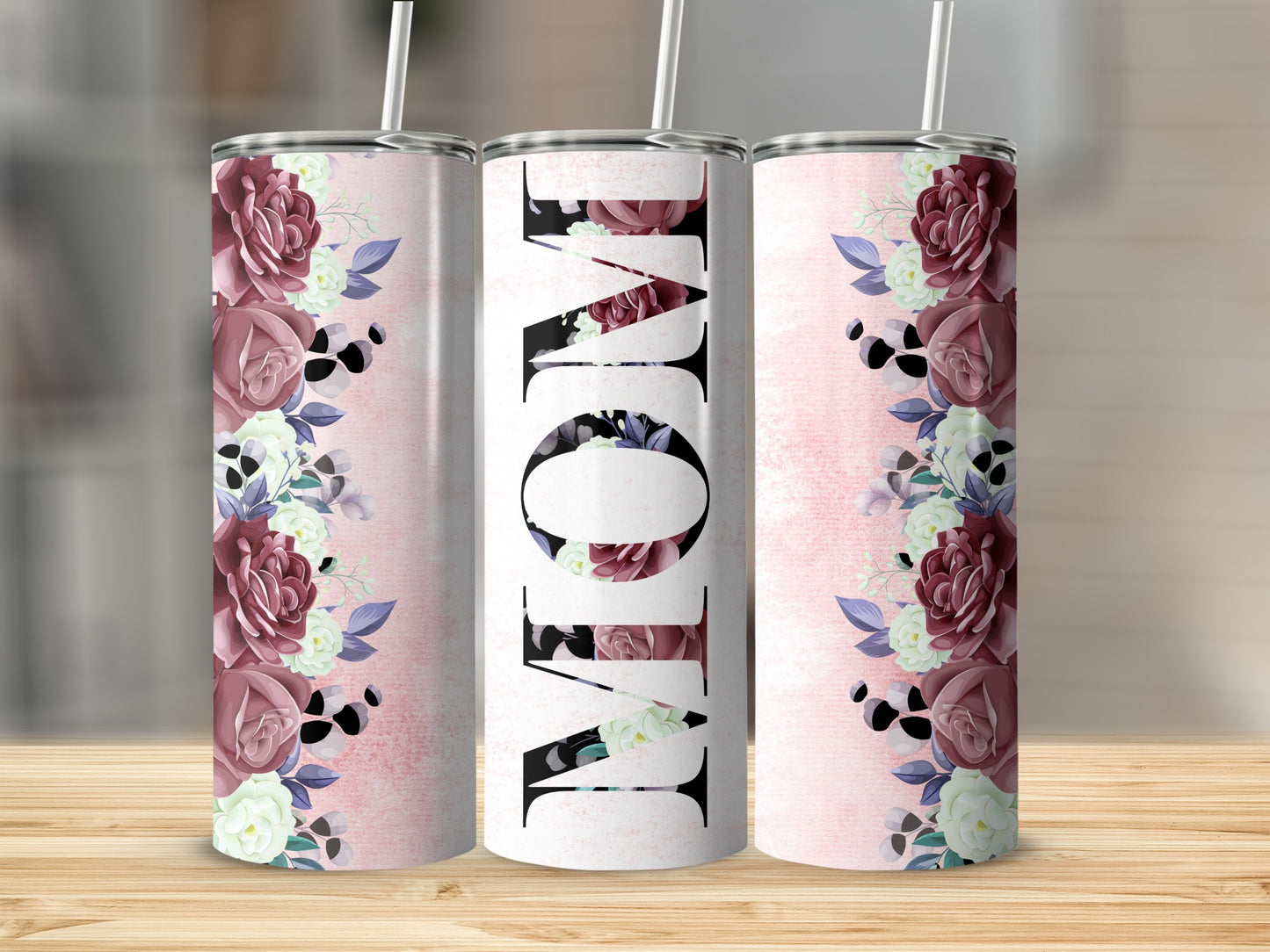 Three tumblers with "MOM" in large letters, decorated with roses and soft pink background.
