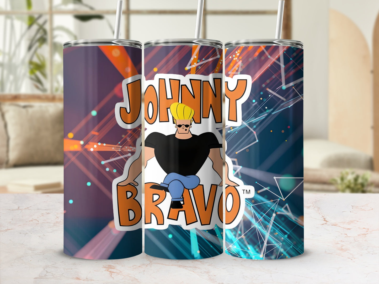 Johnny Bravo tumbler with abstract geometric design