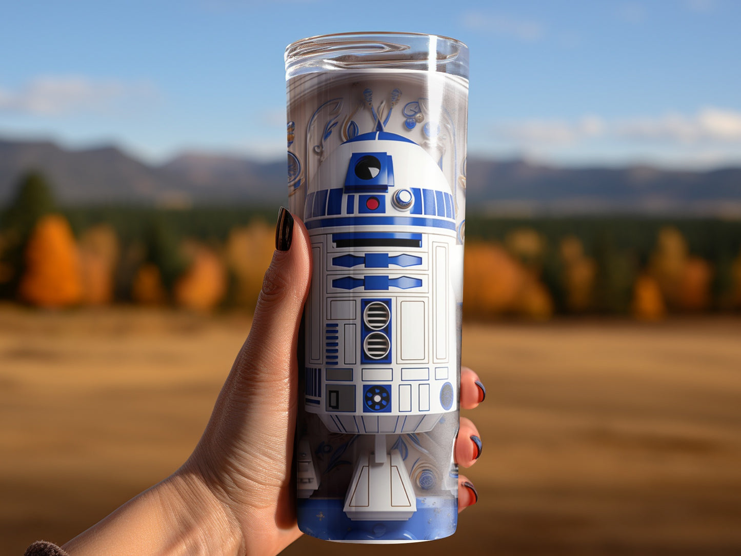 R2-D2 Inspired Travel Tumbler with Mountain View Scenery