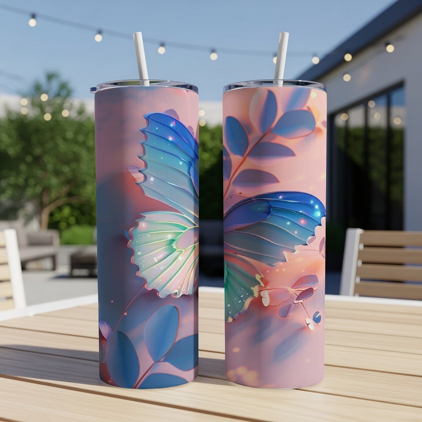 Two pink and blue tumblers with iridescent butterfly wings and leaf accents.