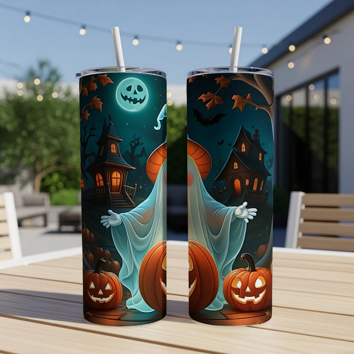 Two Halloween-themed tumblers with ghosts, pumpkins, and spooky houses.
