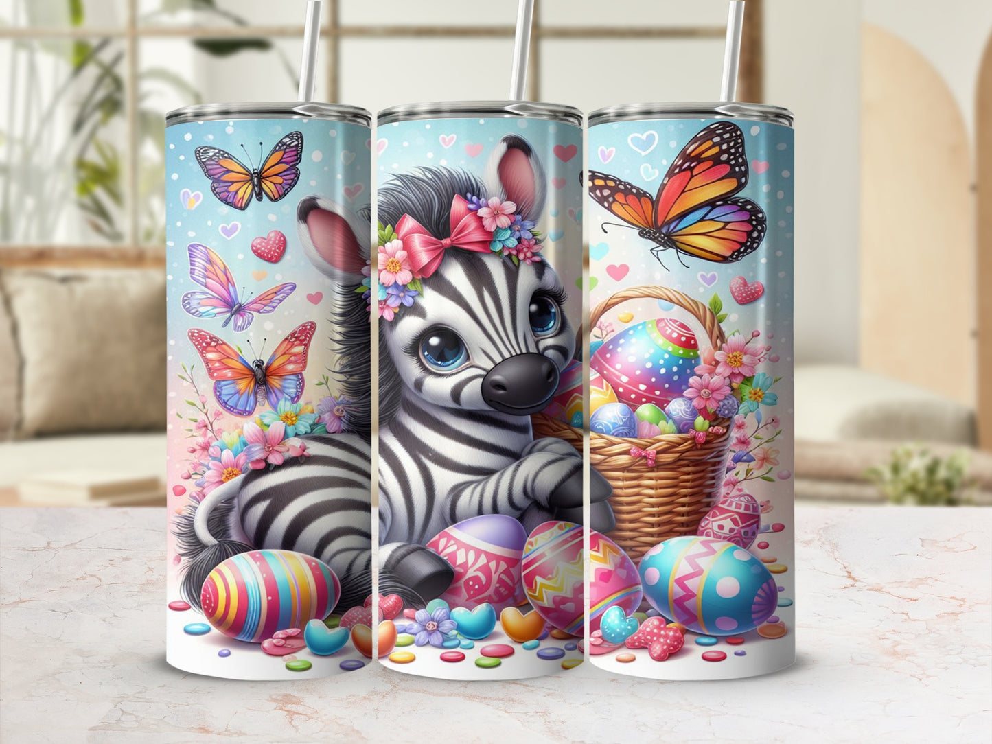 Cute baby zebra with butterflies and Easter eggs.