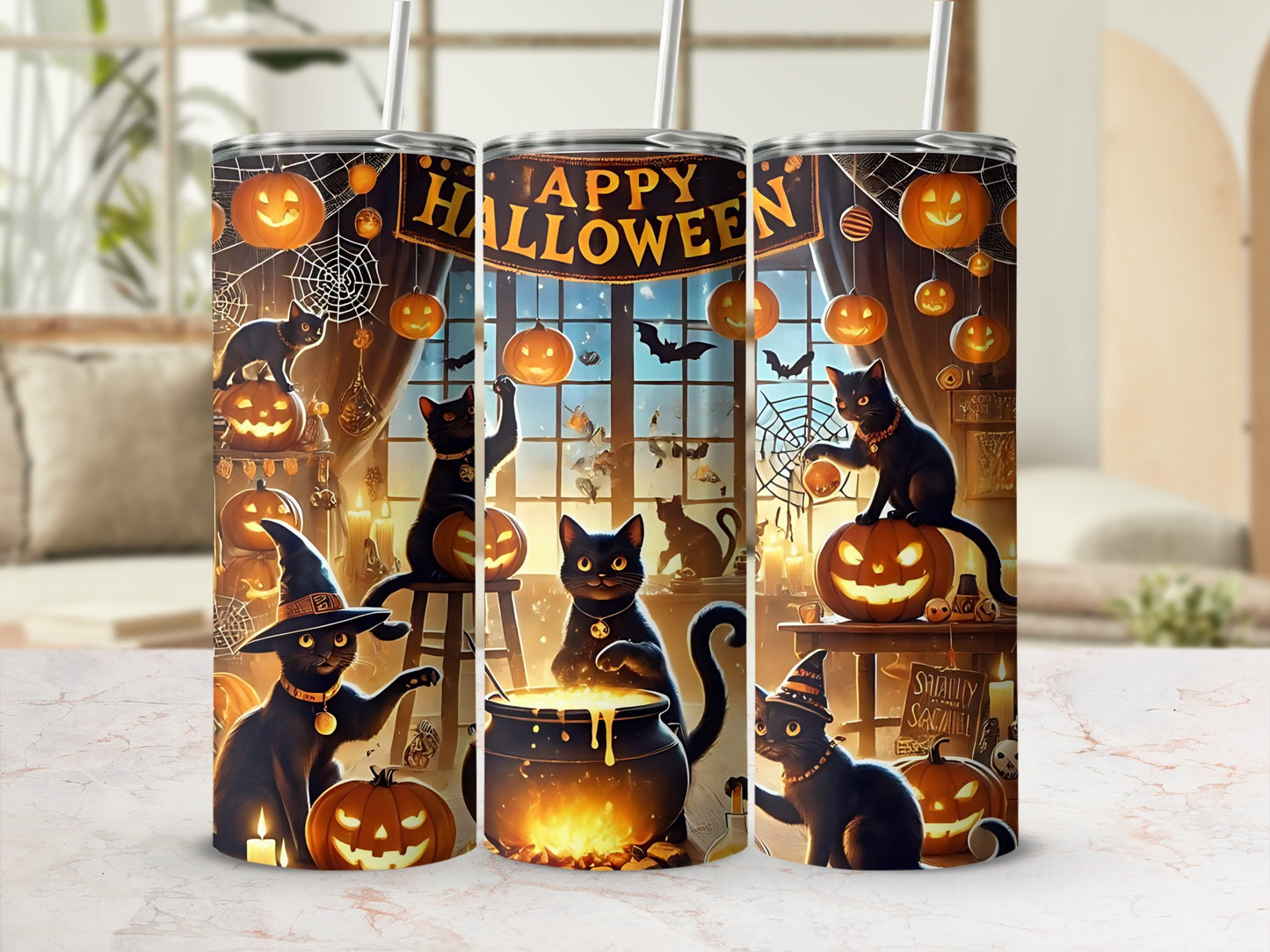 Happy Halloween Black Cats and Pumpkins Tumbler