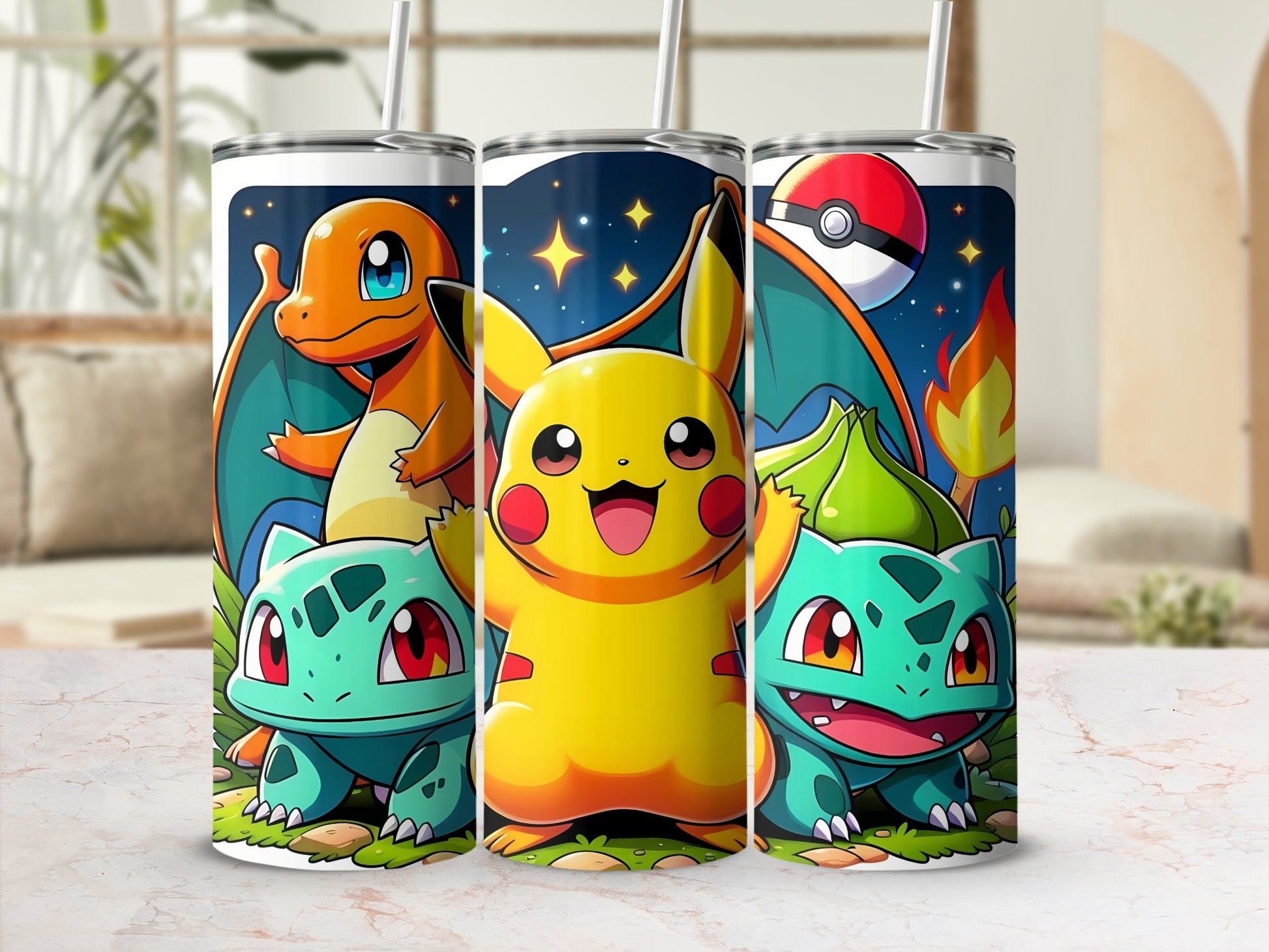 Cute Cartoon Pikachu Charmander Bulbasaur Tumbler Flask