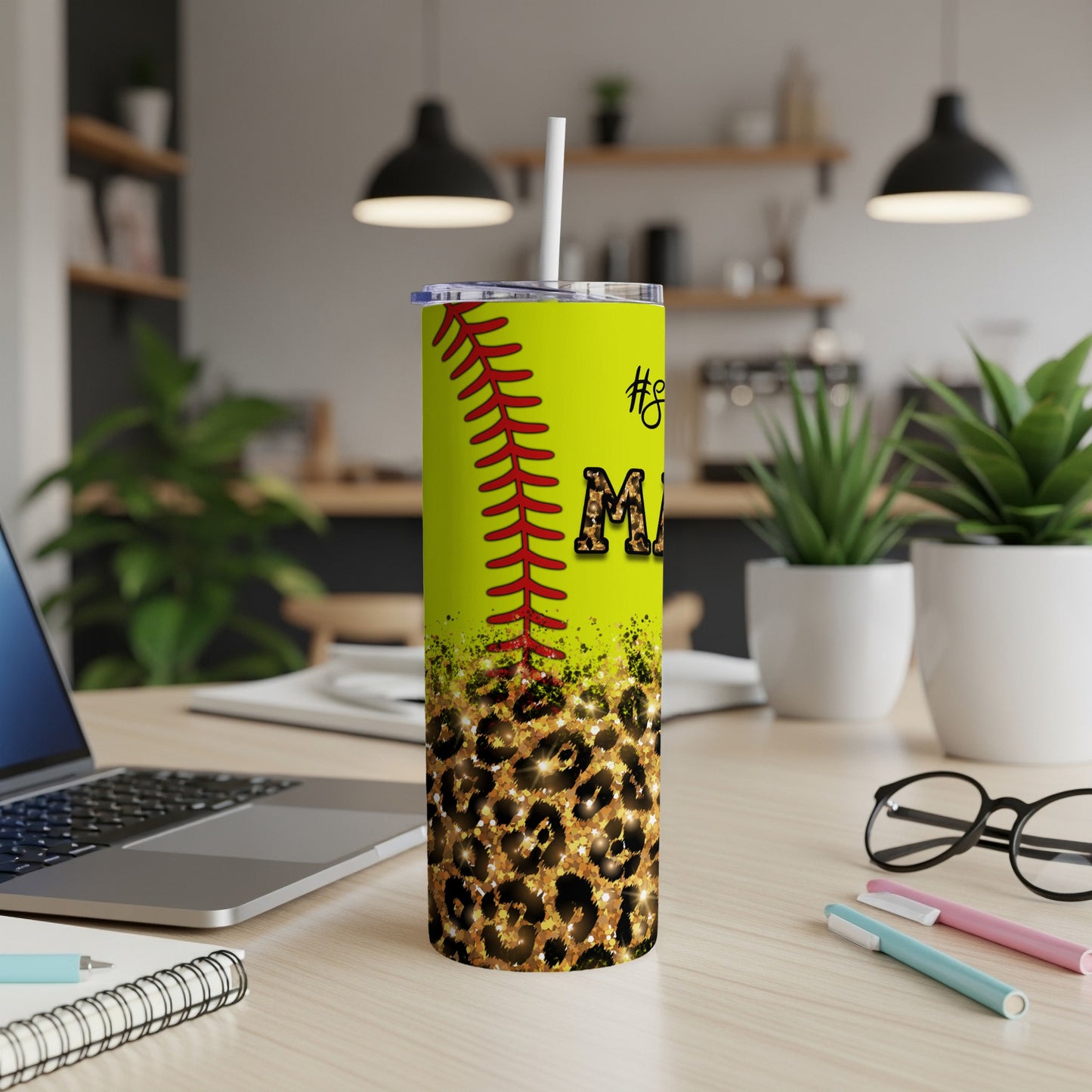 Yellow tumbler with "Softball Mom" and leopard print.