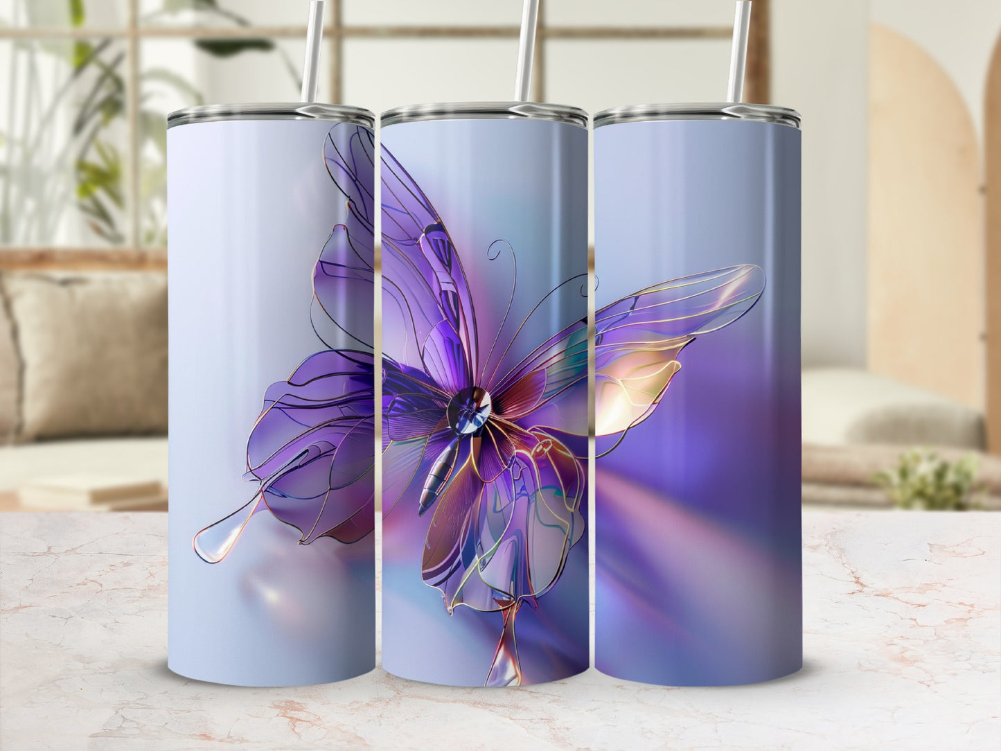 Three tumblers featuring a purple metallic butterfly design.