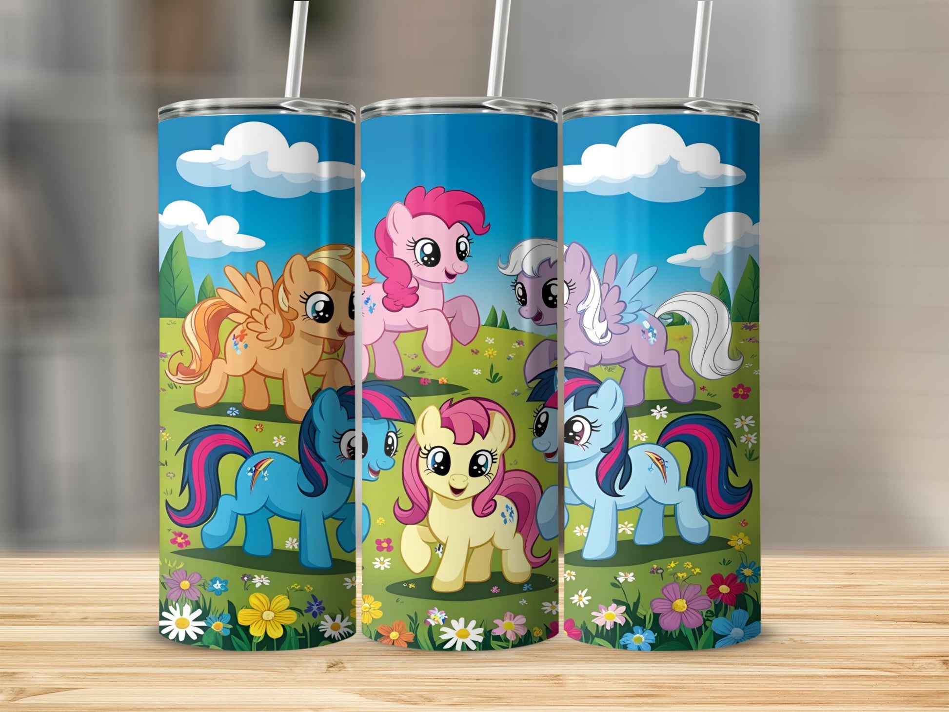 My Little Pony characters on a tall skinny tumbler with a floral background.