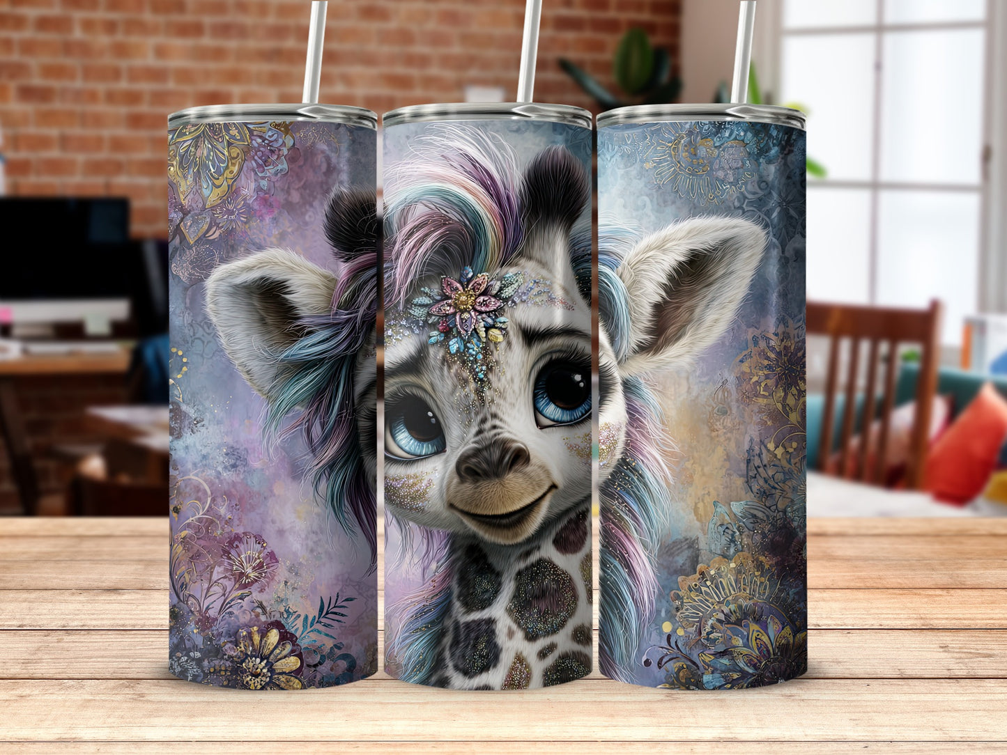 Adorable Giraffe Tumbler with Floral and Artistic Designs