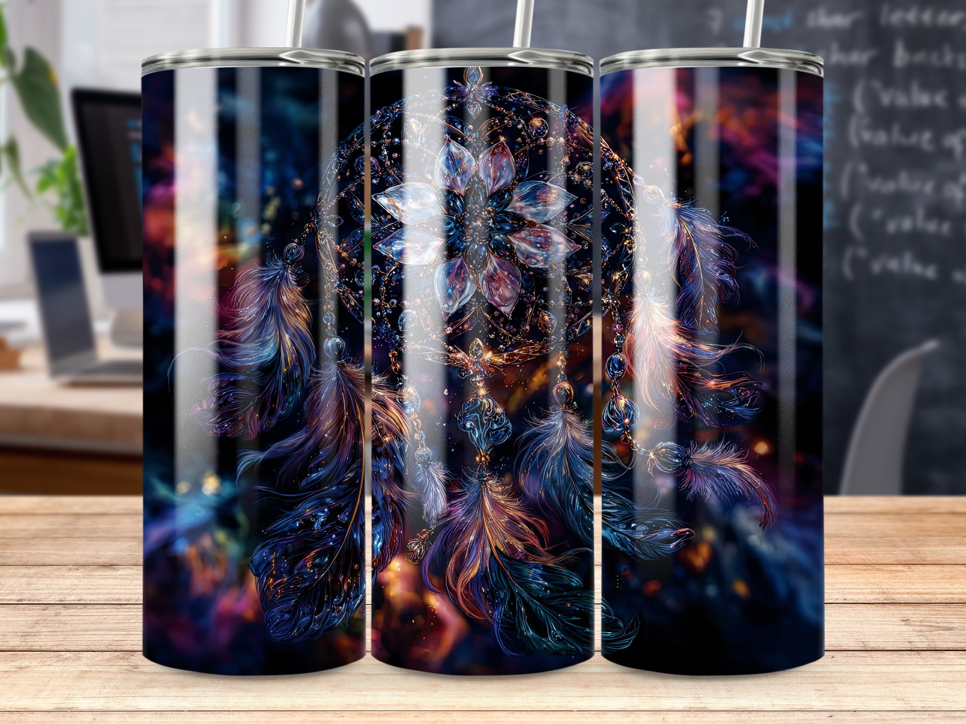 Dreamcatcher Design Tumbler with Vibrant Feathers