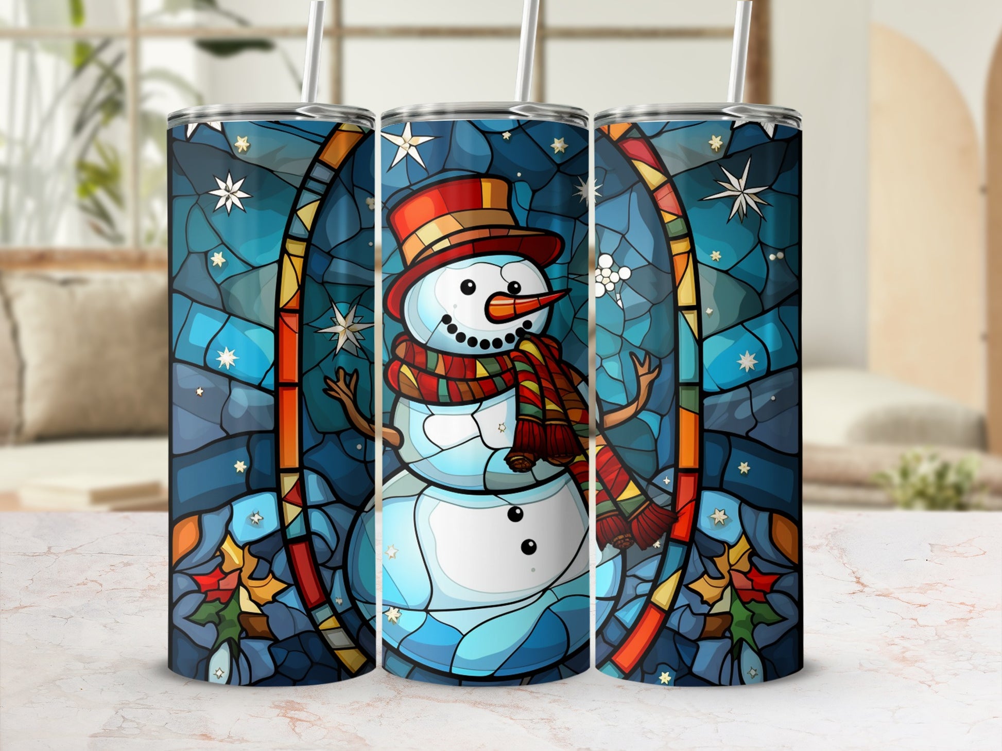 Stained glass tumbler with snowman design and holiday accents.